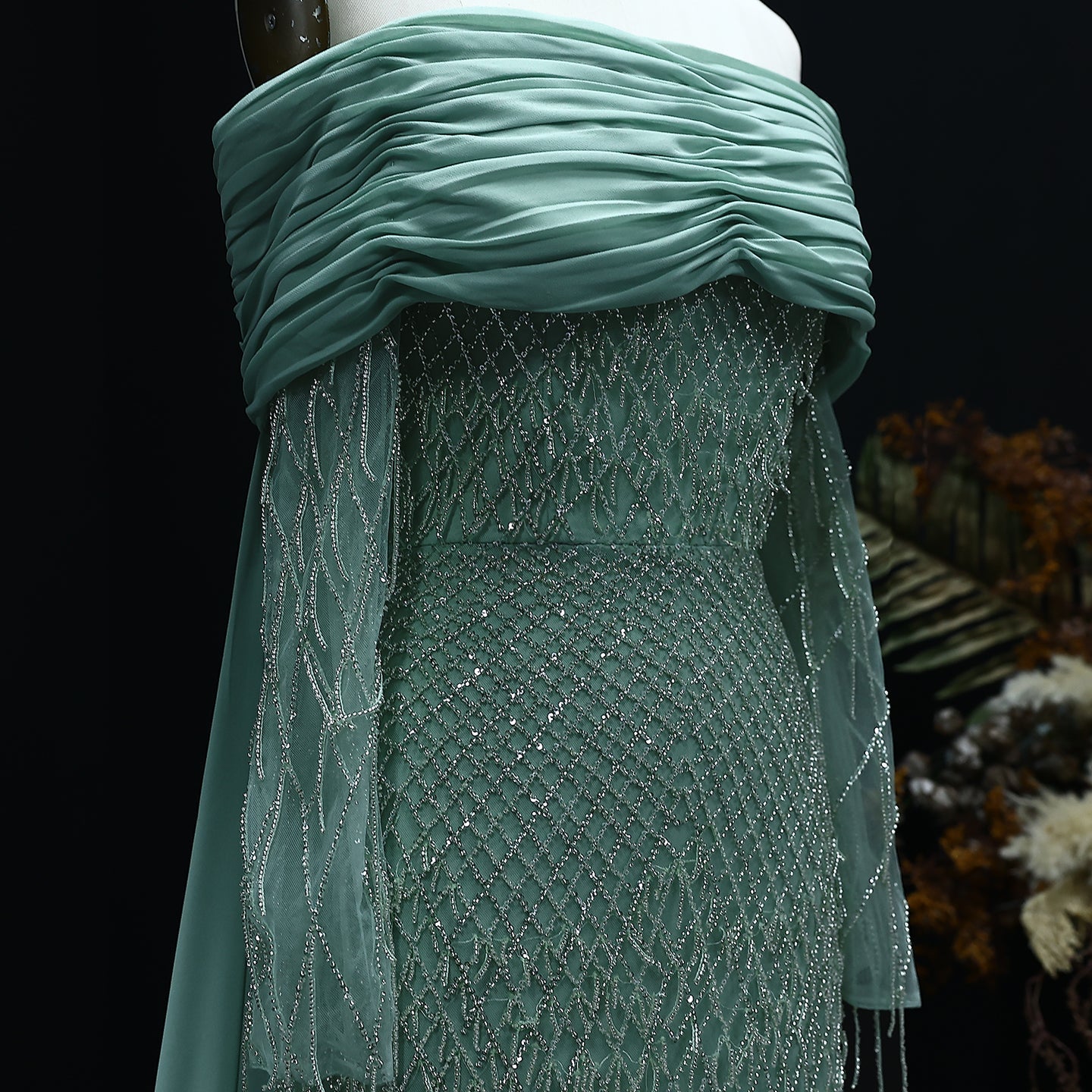 Luxury Tassel Lilac Off Shoulder Evening Dress with Cape SS708