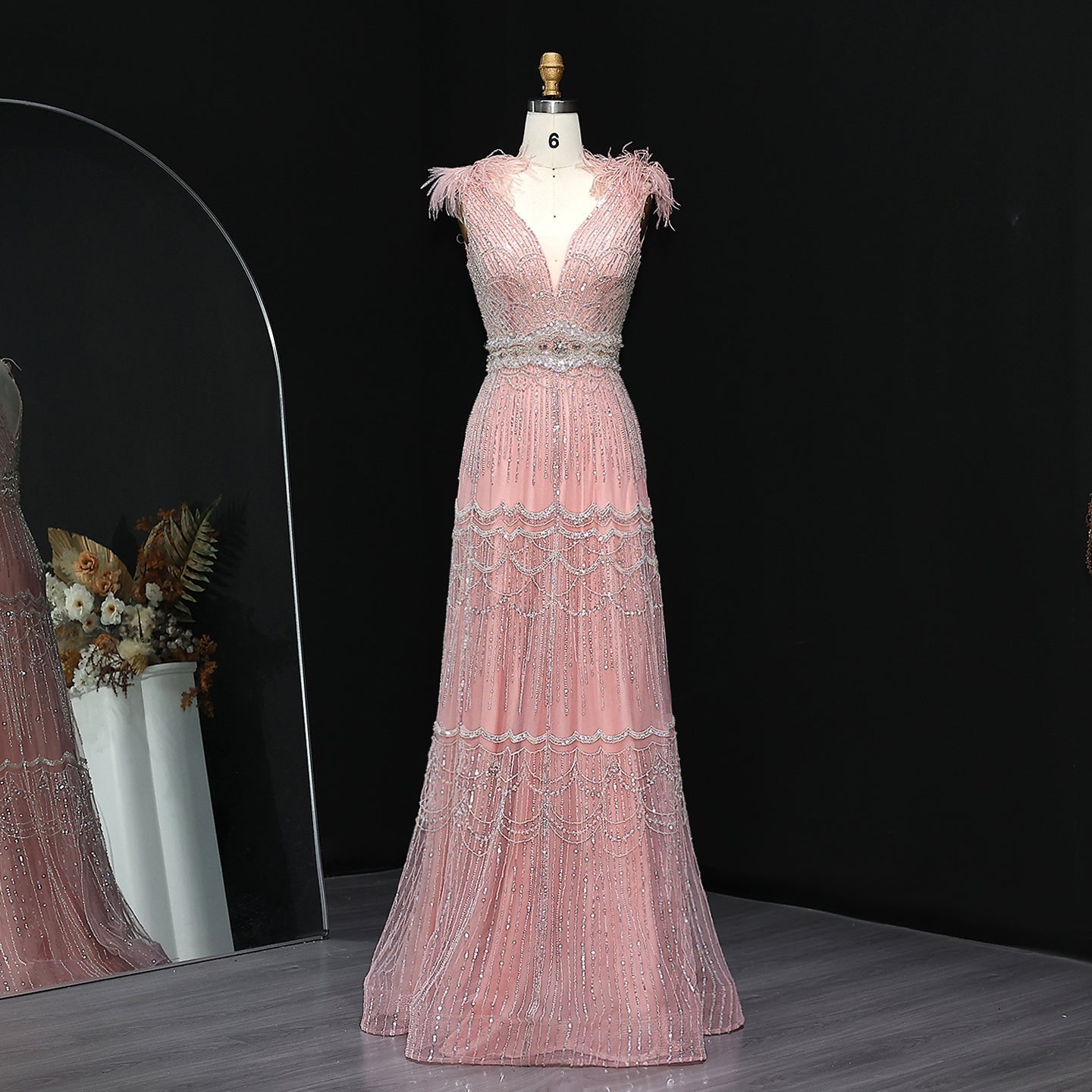 Luxury Feathers Lilac Long Sleeves Evening Dress SS018  Pink / US 18