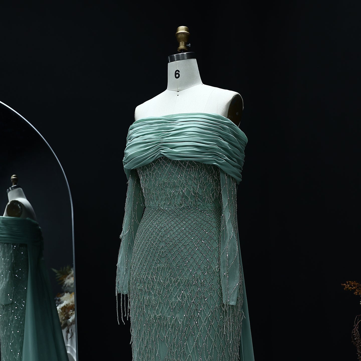 Luxury Tassel Lilac Off Shoulder Evening Dress with Cape SS708