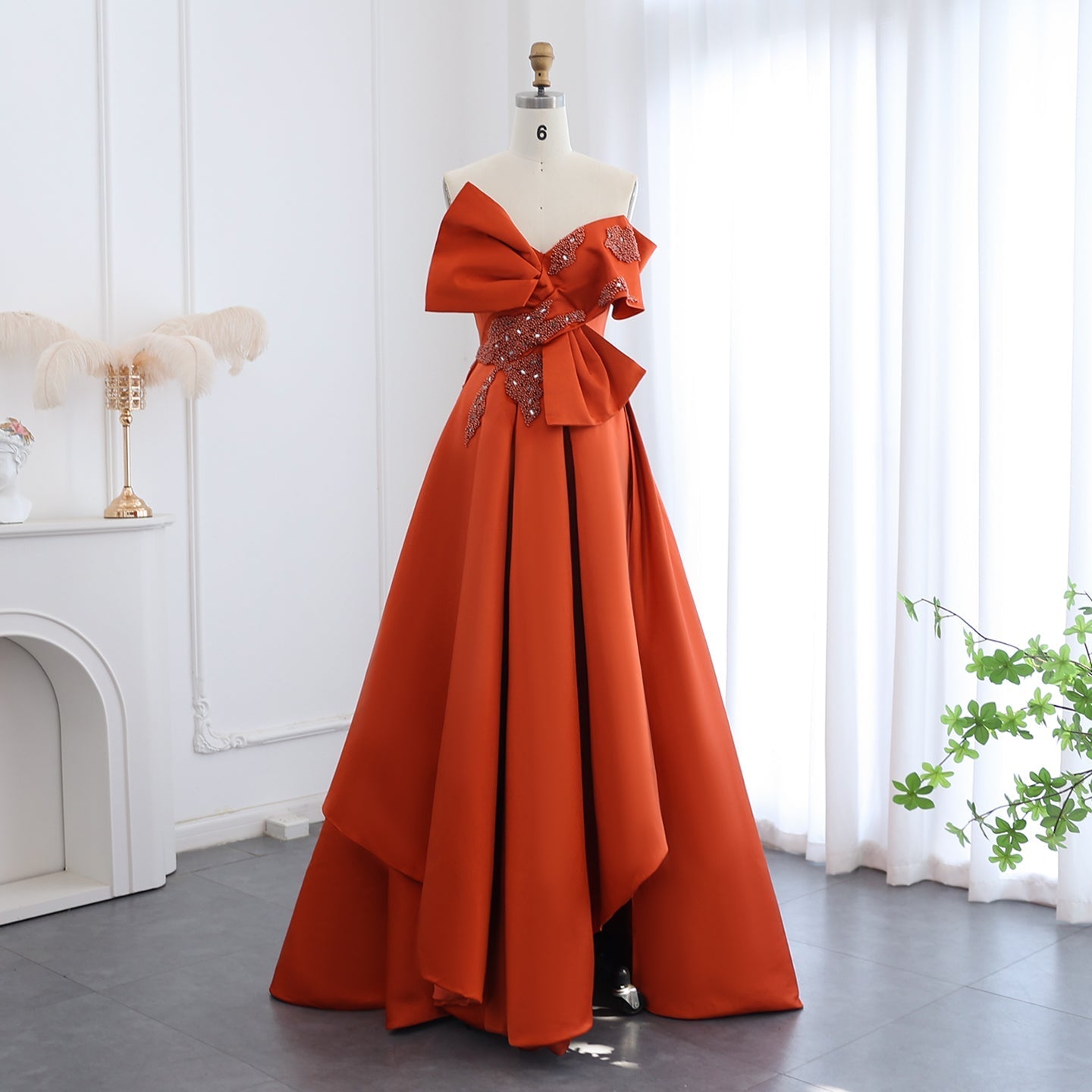 Elegant Orange Satin Off Shoulder High-Low Evening Dress SS338  Orange / US 18