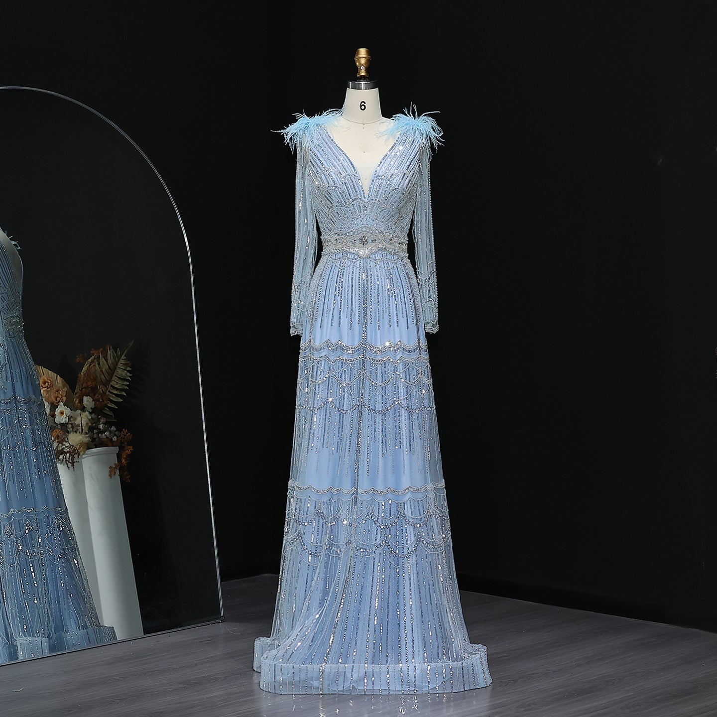 Luxury Feathers Lilac Long Sleeves Evening Dress SS018  Blue / US 18