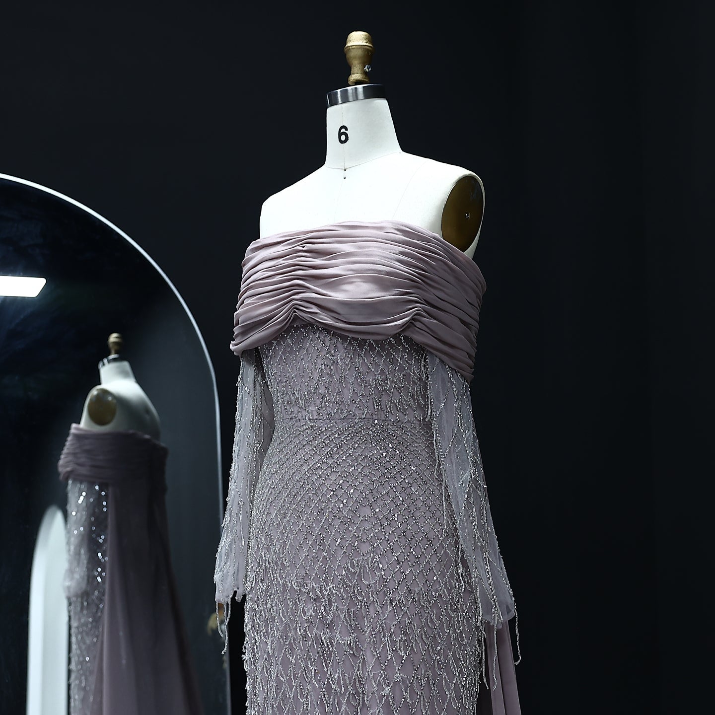 Luxury Tassel Lilac Off Shoulder Evening Dress with Cape SS708