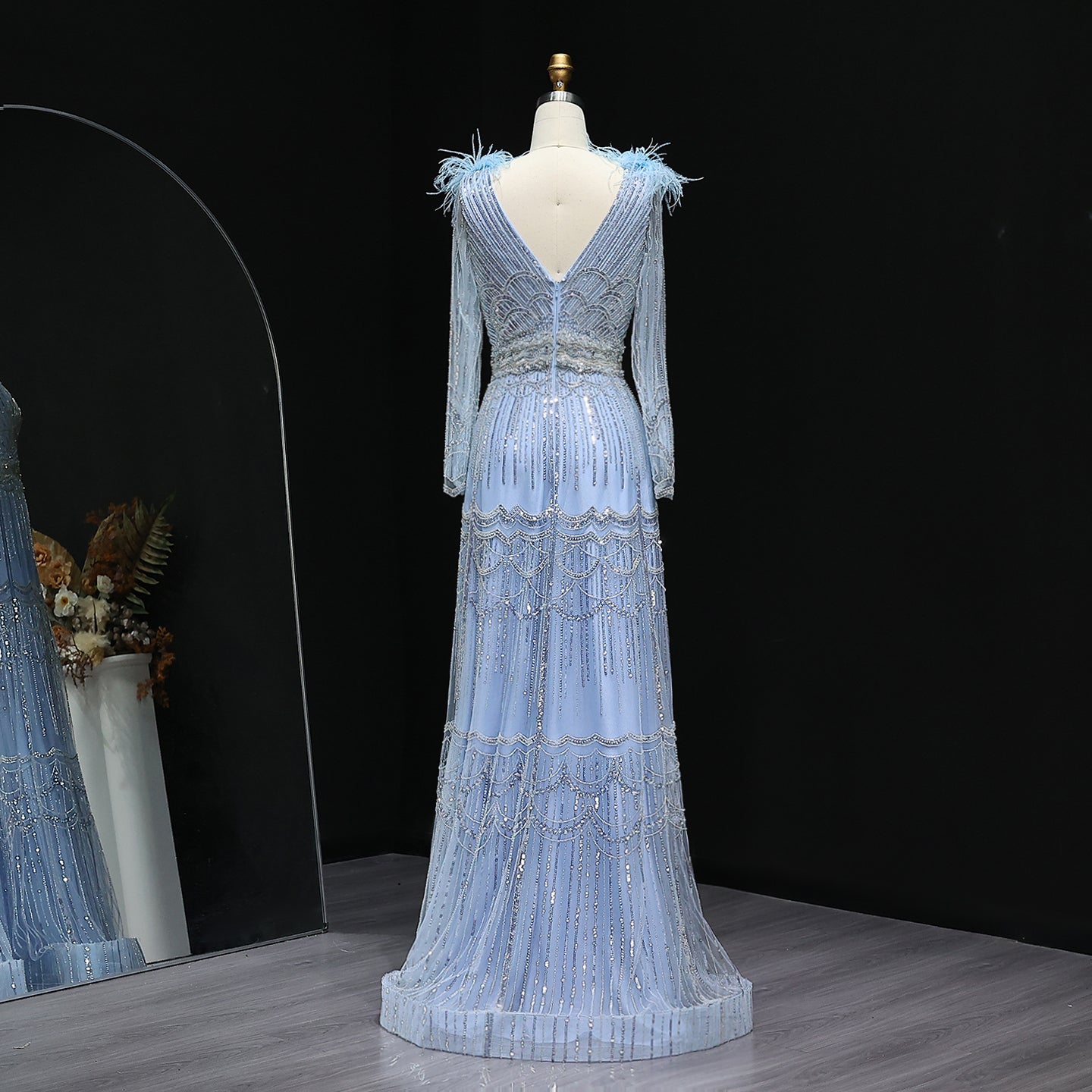 Luxury Feathers Lilac Long Sleeves Evening Dress SS018