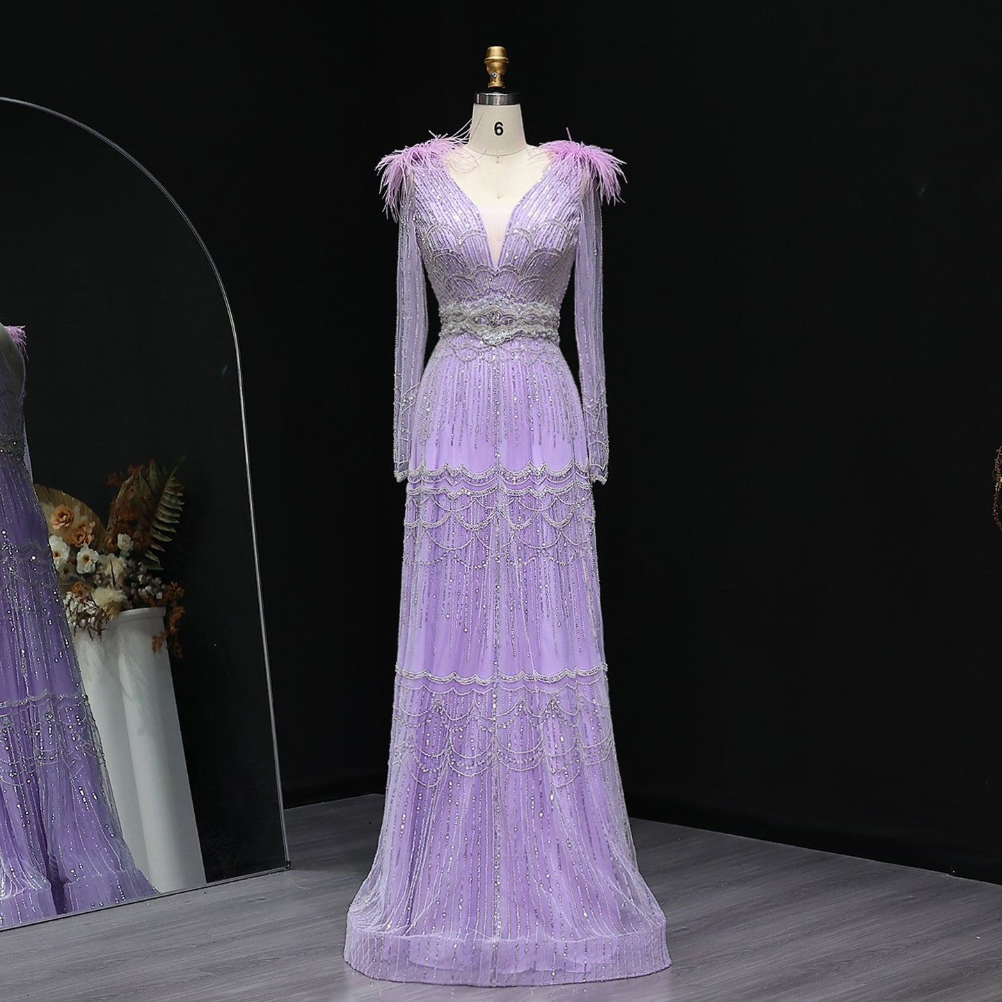 Luxury Feathers Lilac Long Sleeves Evening Dress SS018  Lilac / US 18