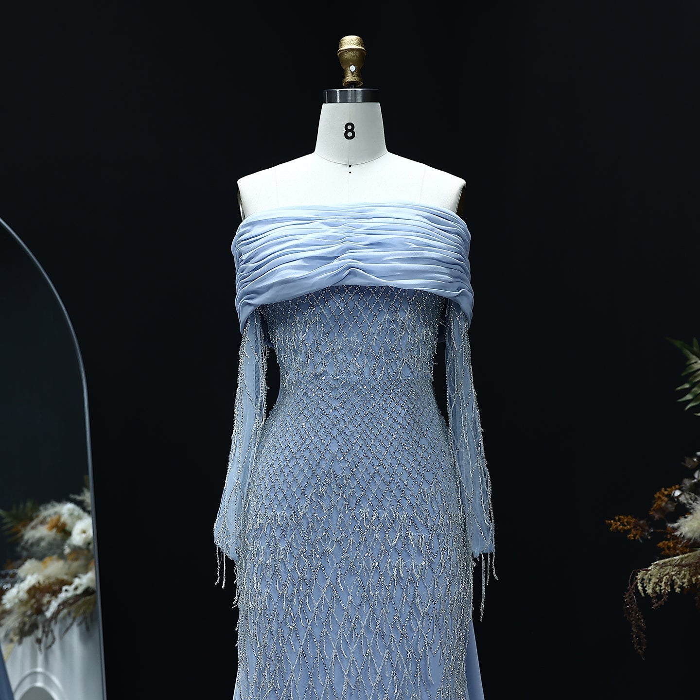 Luxury Tassel Lilac Off Shoulder Evening Dress with Cape SS708