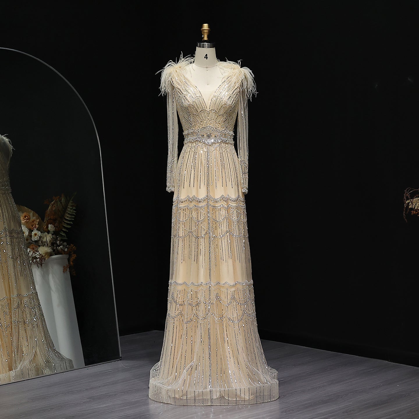 Luxury Feathers Lilac Long Sleeves Evening Dress SS018  Gold / US 18