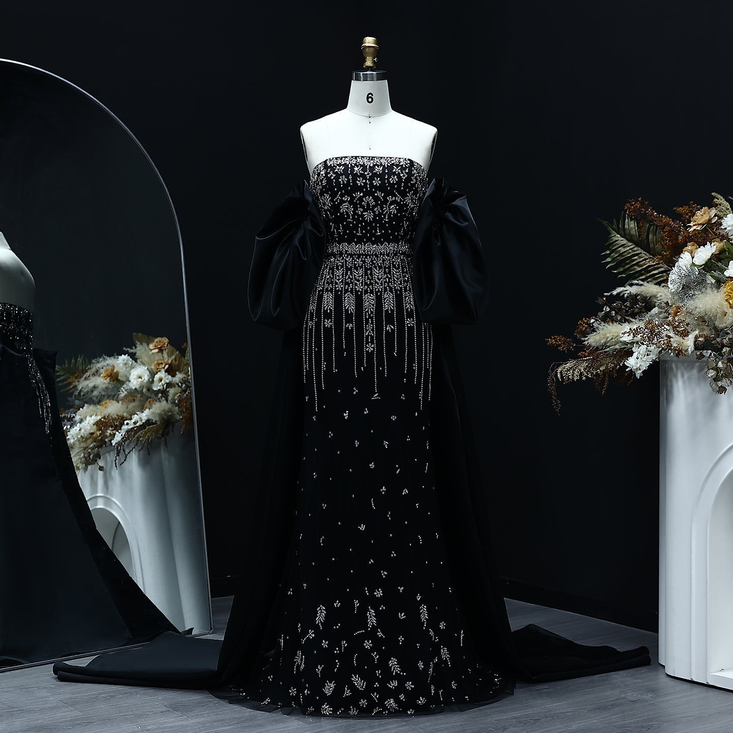 Luxury Crystal Tassel Black Evening Dress with Straps / Cape SS294