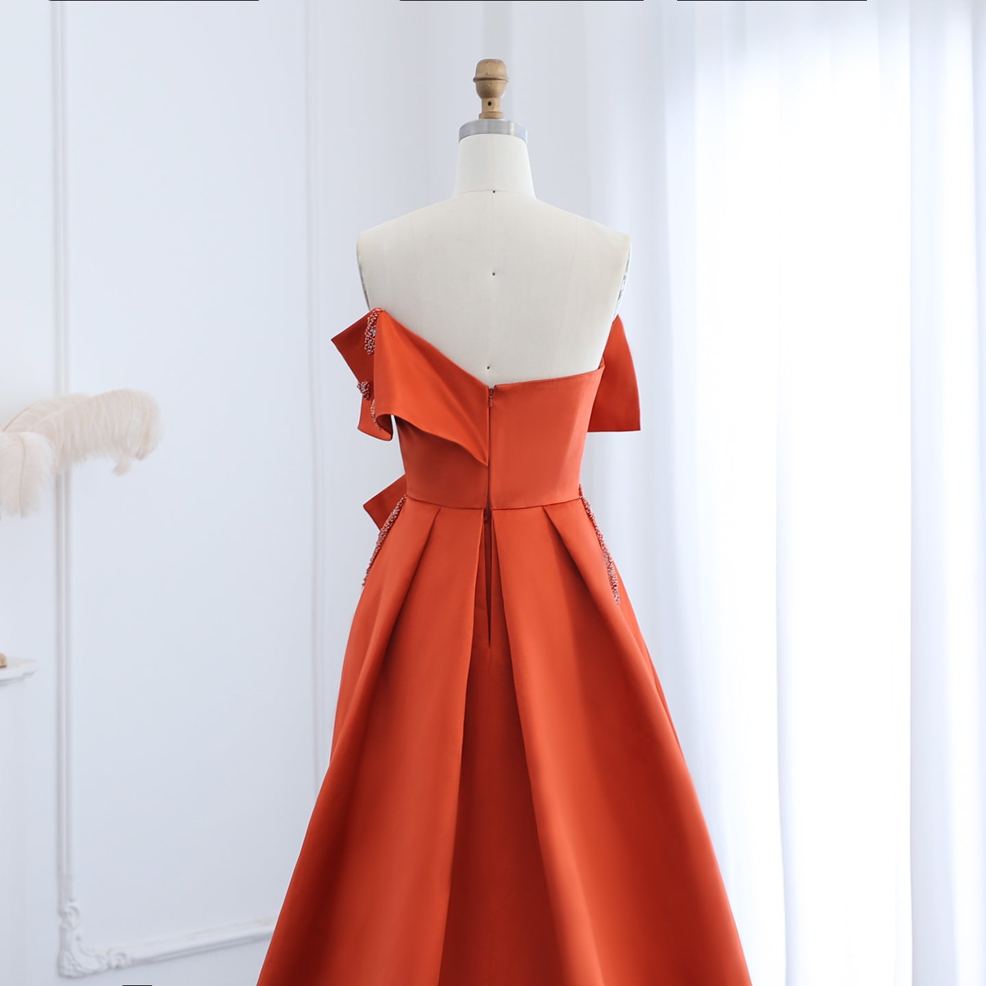 Elegant Orange Satin Off Shoulder High-Low Evening Dress SS338