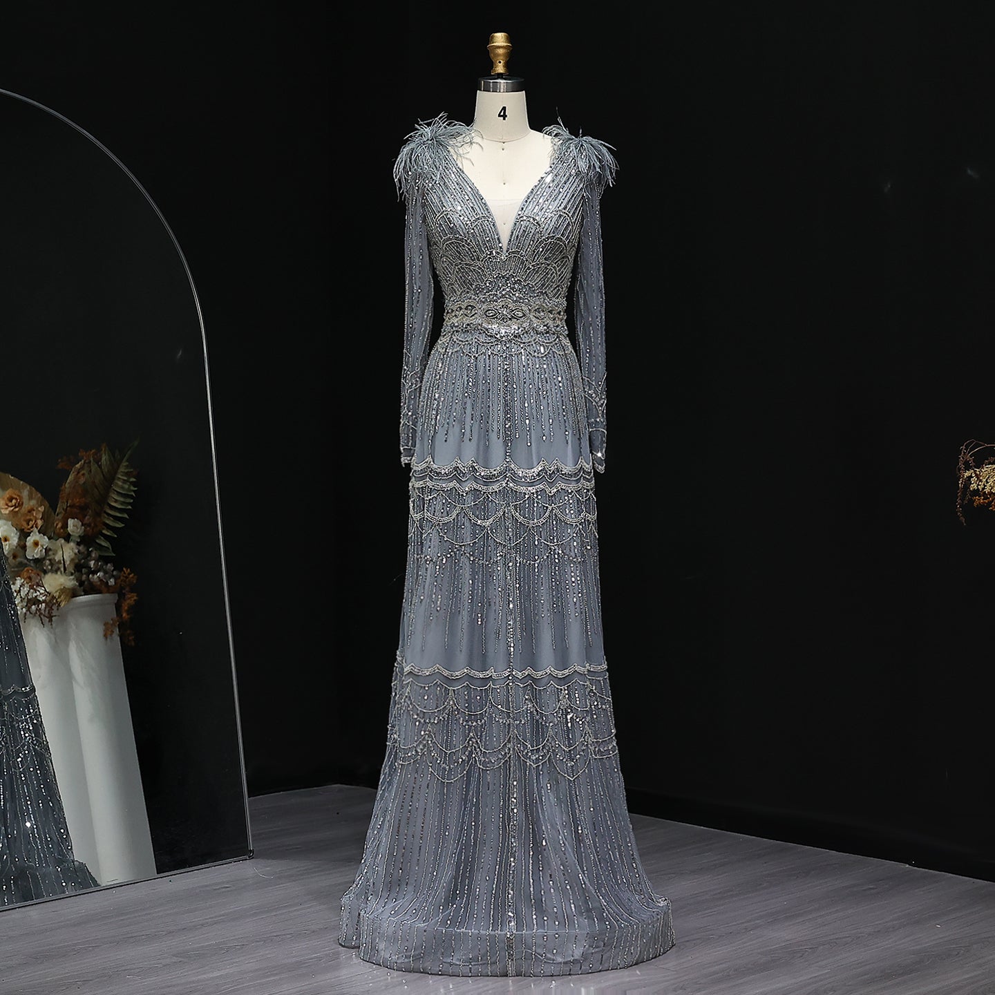 Luxury Feathers Lilac Long Sleeves Evening Dress SS018  Gray / US 18