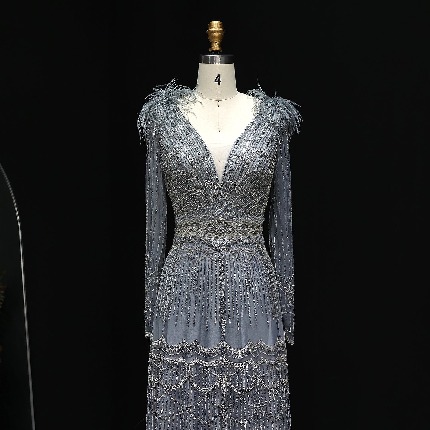 Luxury Feathers Lilac Long Sleeves Evening Dress SS018