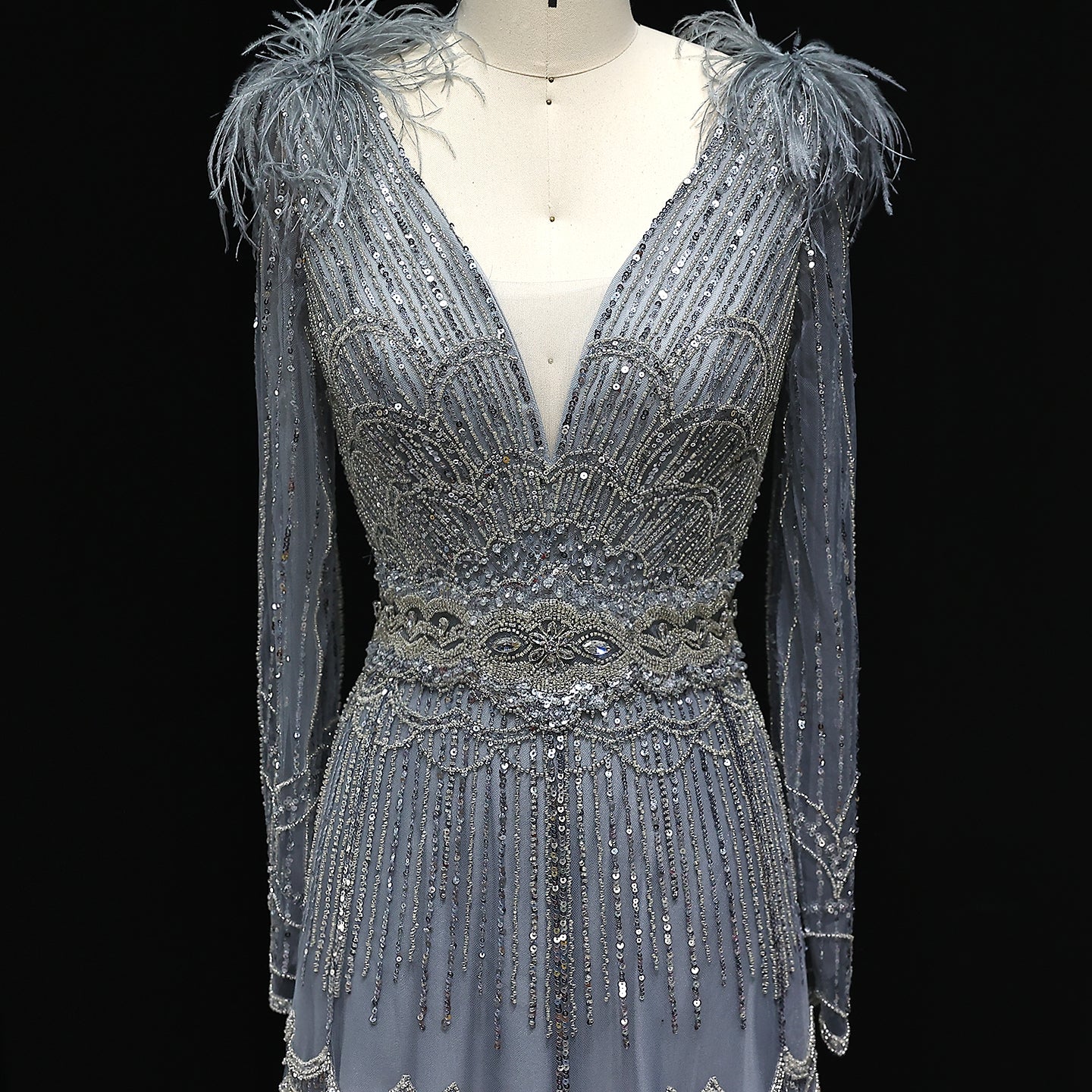 Luxury Feathers Lilac Long Sleeves Evening Dress SS018