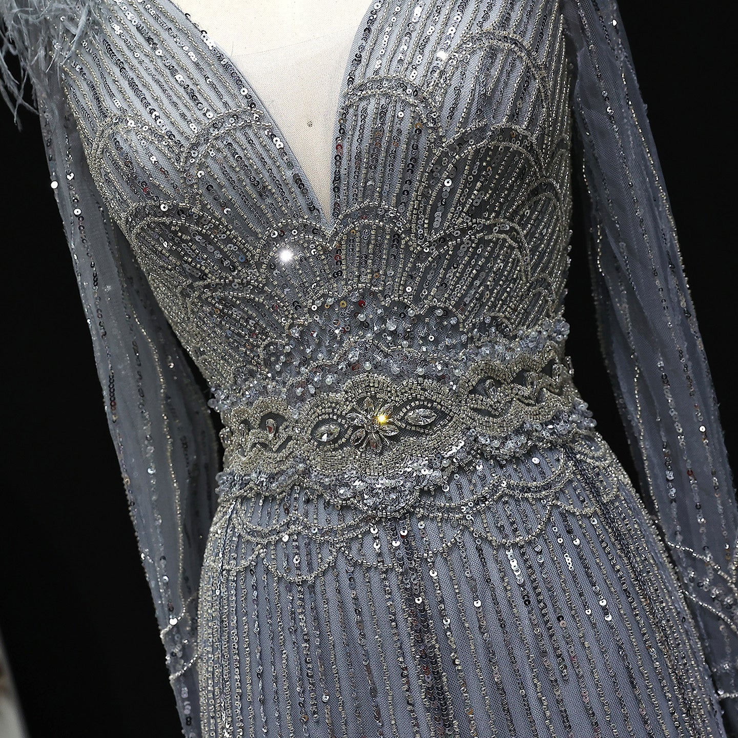 Luxury Feathers Lilac Long Sleeves Evening Dress SS018