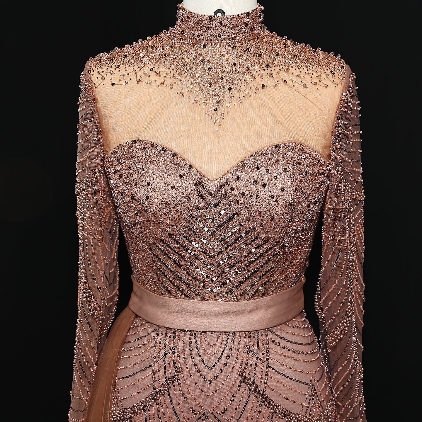 Stunning Brown Long Sleeve High Neck Evening Dress SS015