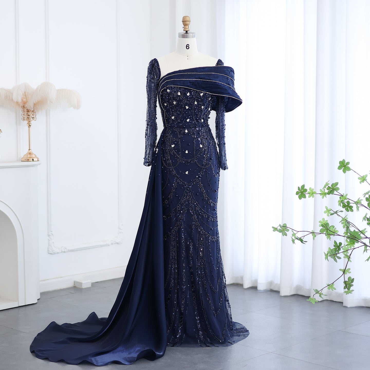 Luxury Nude Crystal Evening Dress with Overskirt SS256  Navy Blue / US 20