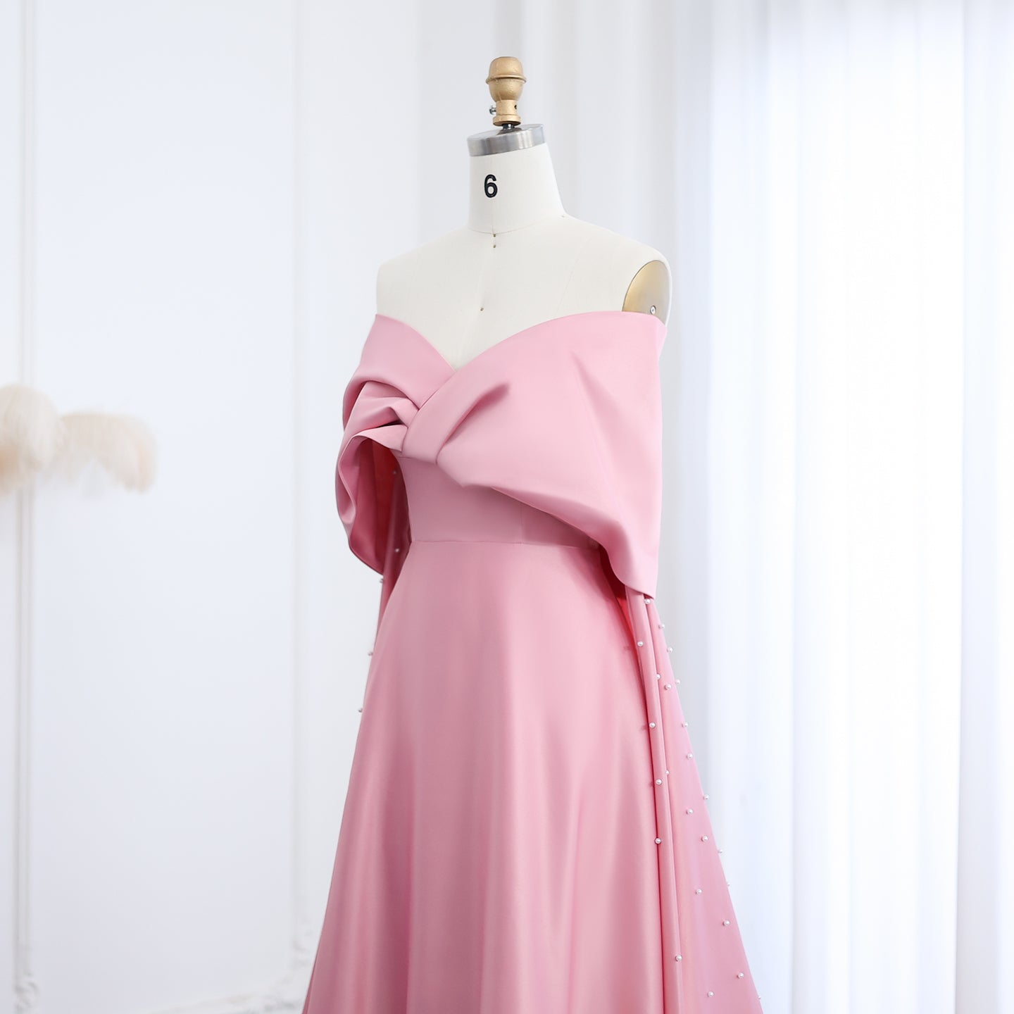 Luxury Pink Satin Off Shoulder Evening Dress SS481