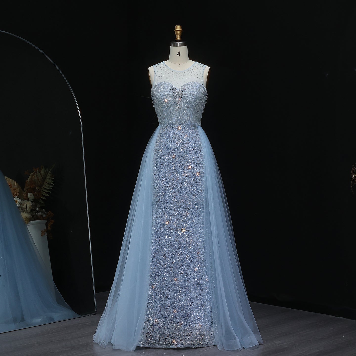 Sparkly Crystal Blue Evening Dress with Overskirt SS011  Blue / US 18
