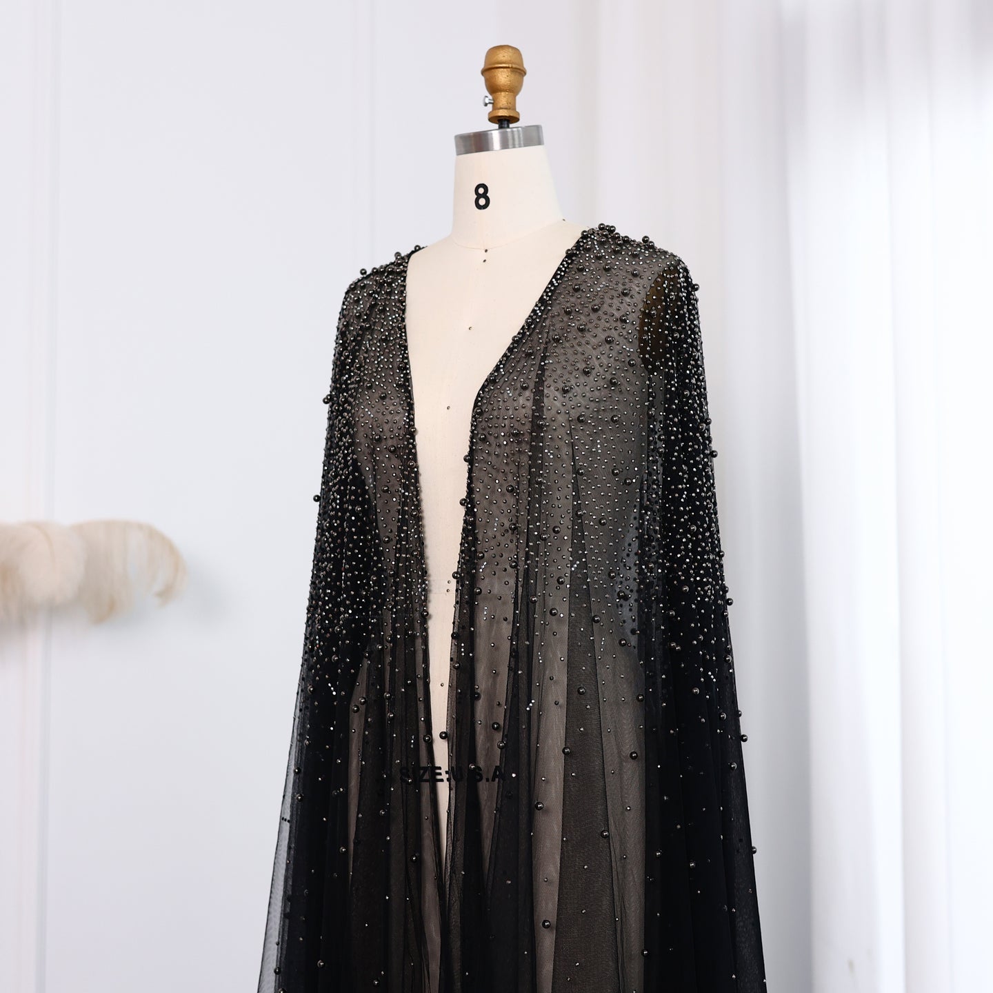 Elegant Black Beaded Long Cape Evening Dress SF082 