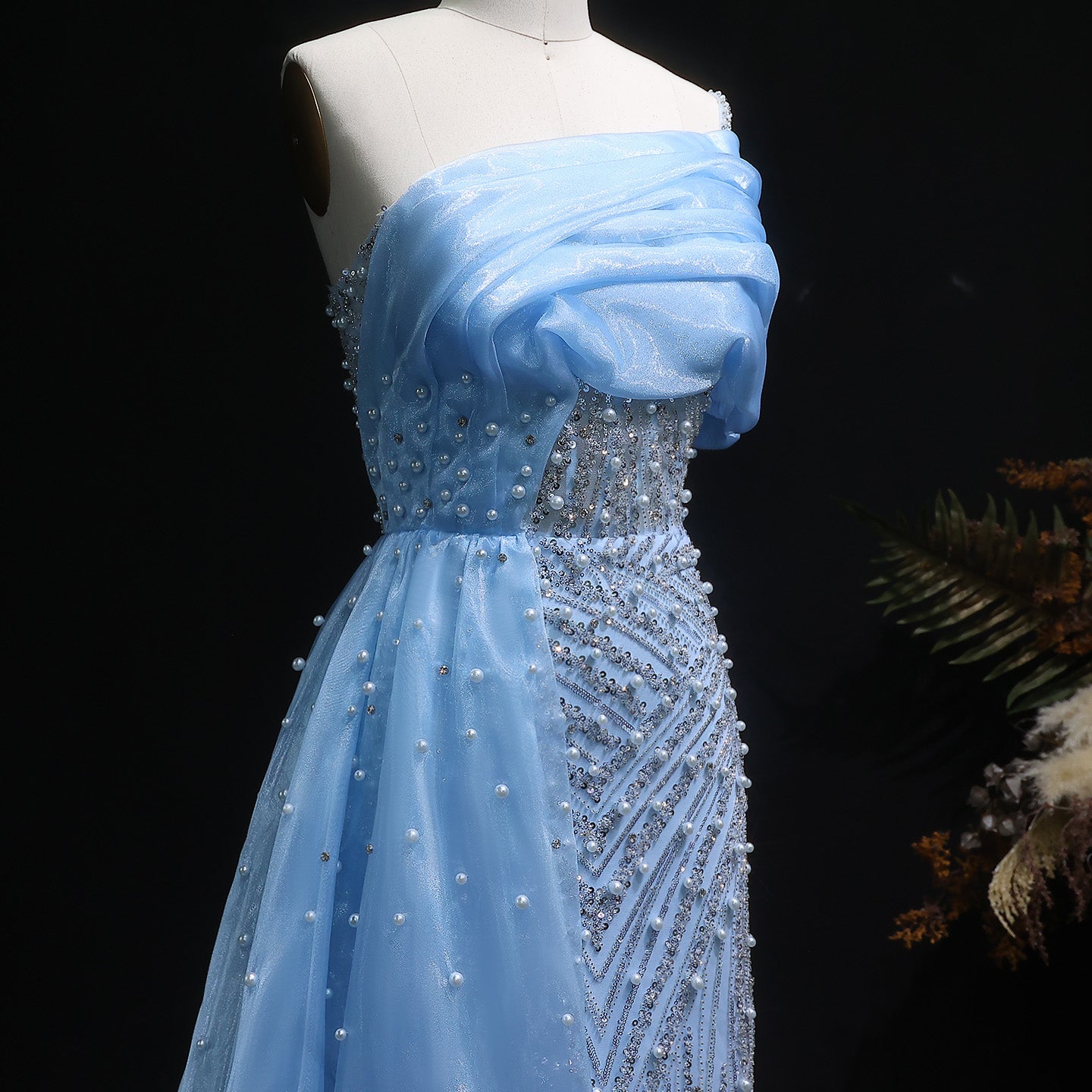 Luxury One Shoulder Blue Evening Dress with Overskirt SS644