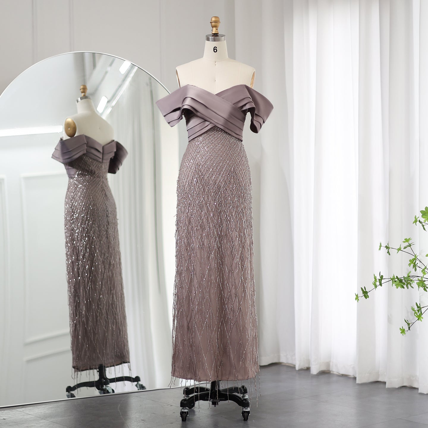 Elegant Off Shoulder Sage Green Tassel Evening Dress SS667  Dusty pink / US 20