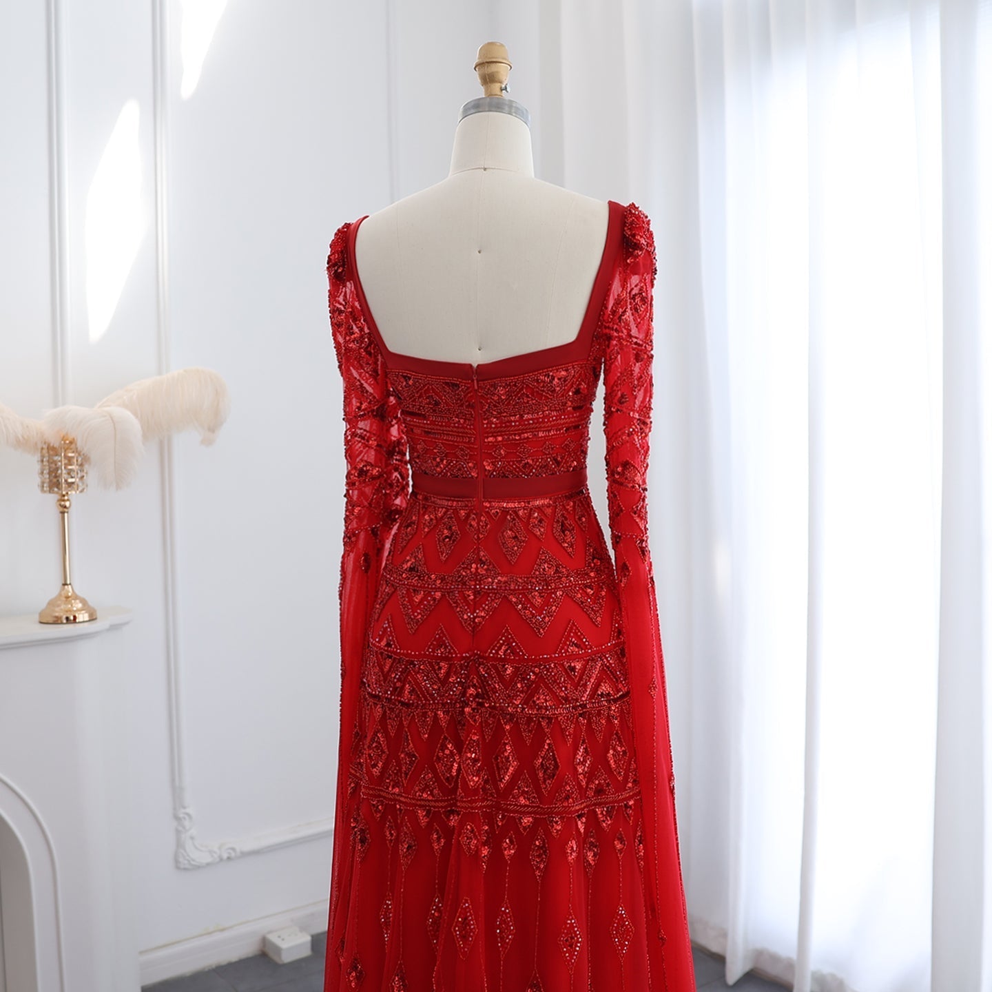 Luxury Wine Red Evening Dress with Cape Sleeves SS461