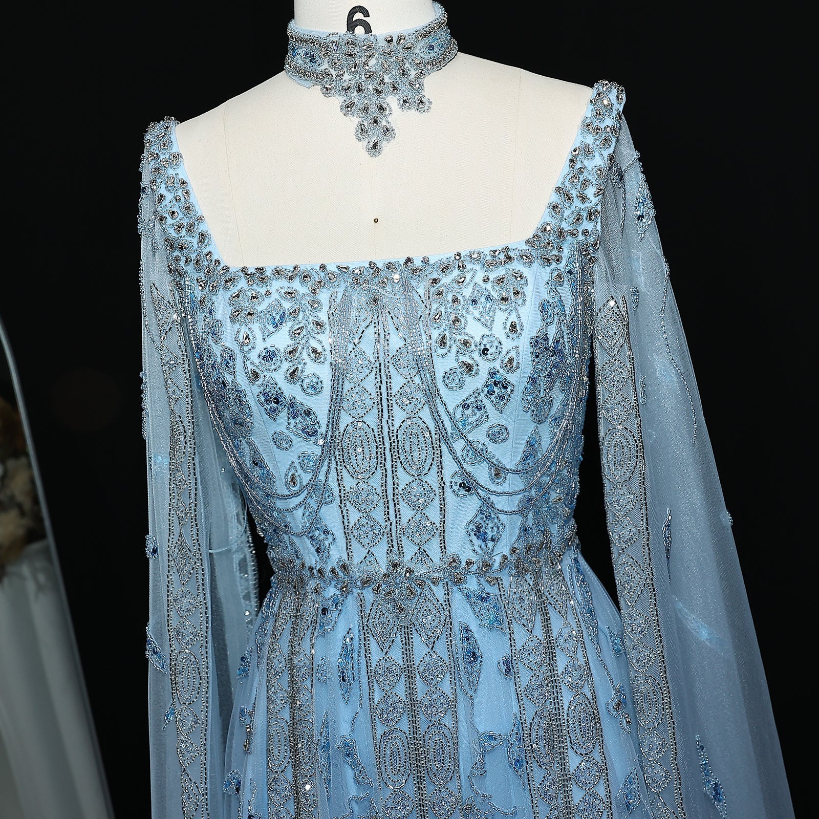 Luxury Nude Evening Dress with Cape Sleeves Chocker SS543