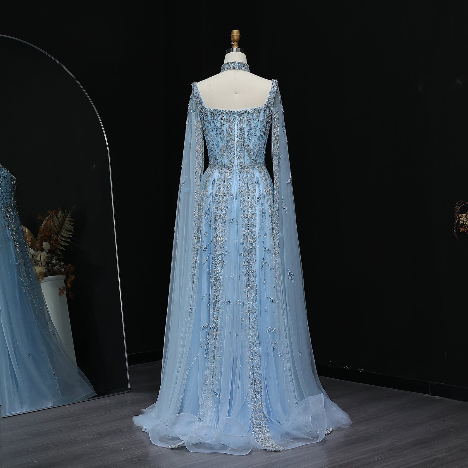 Luxury Nude Evening Dress with Cape Sleeves Chocker SS543