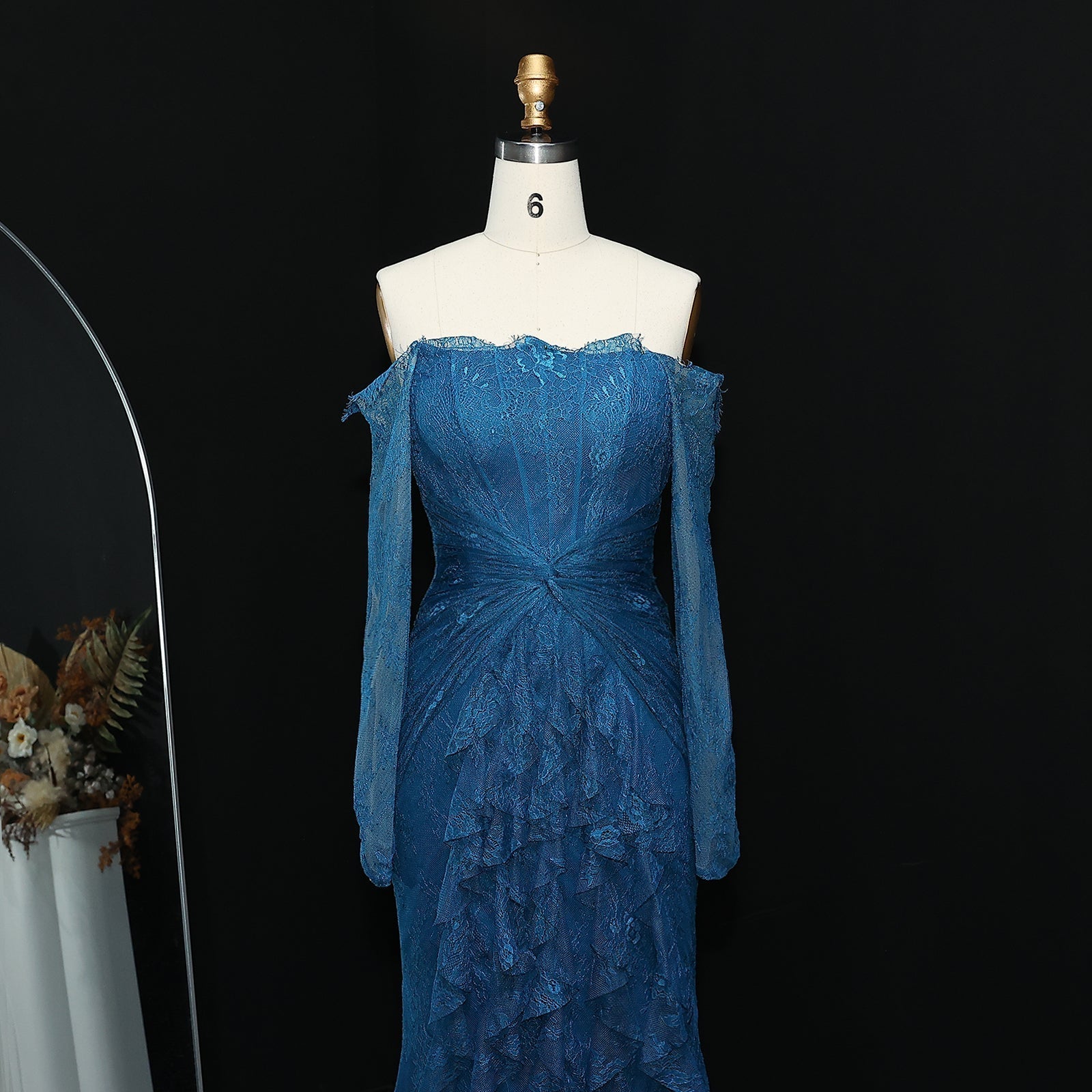 Elegant Blue Off Shoulder Lace Evening Dress SF519