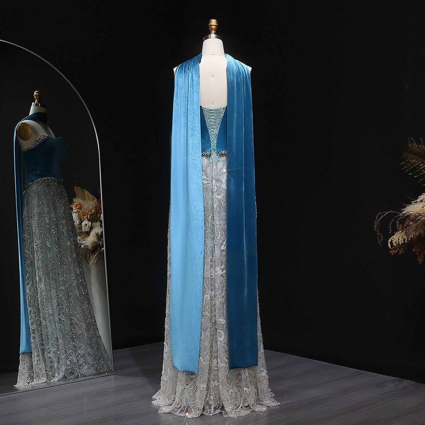 Luxury Beaded Blue Velvet Evening Dress with Scarf  SS793