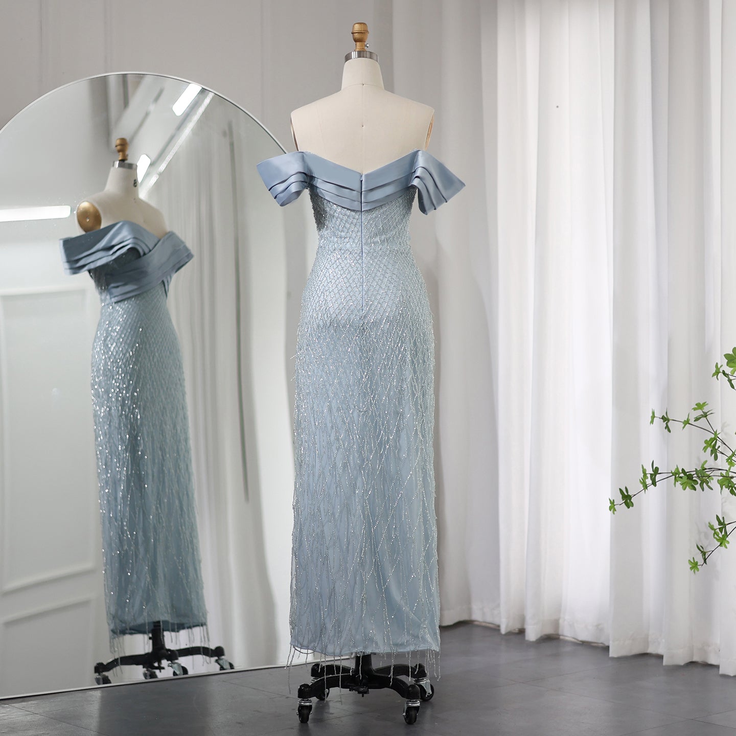 Elegant Off Shoulder Sage Green Tassel Evening Dress SS667