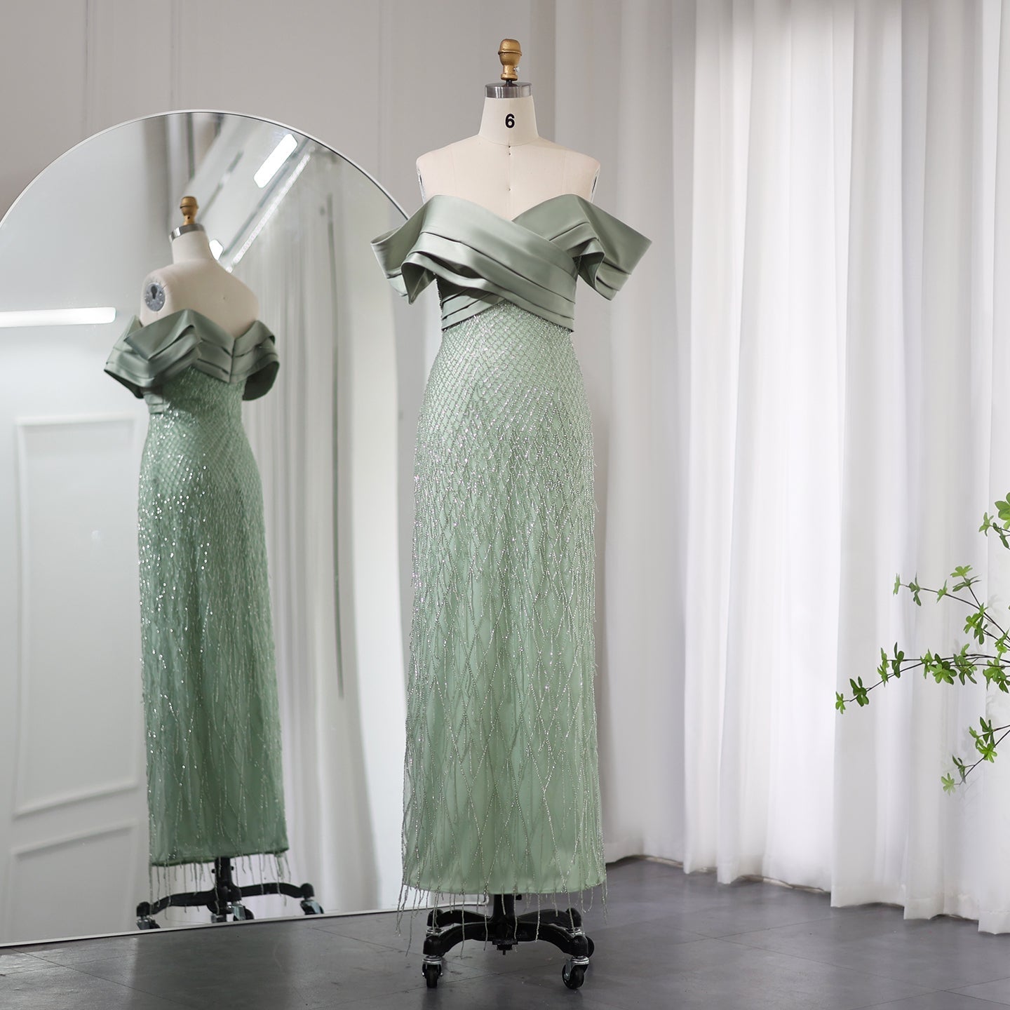 Elegant Off Shoulder Sage Green Tassel Evening Dress SS667  Sage green / US 20