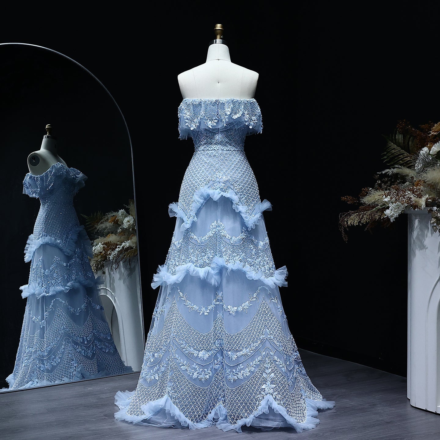 Luxury Silver Gray Off Shoulder Evening Dress SS485