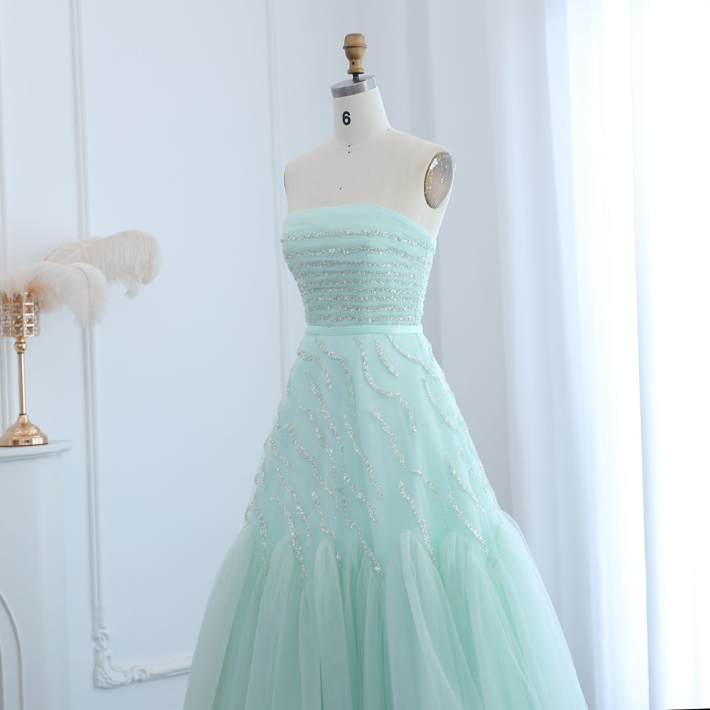 Luxury Beaded Strapless Sage Green Evening Dress SS483