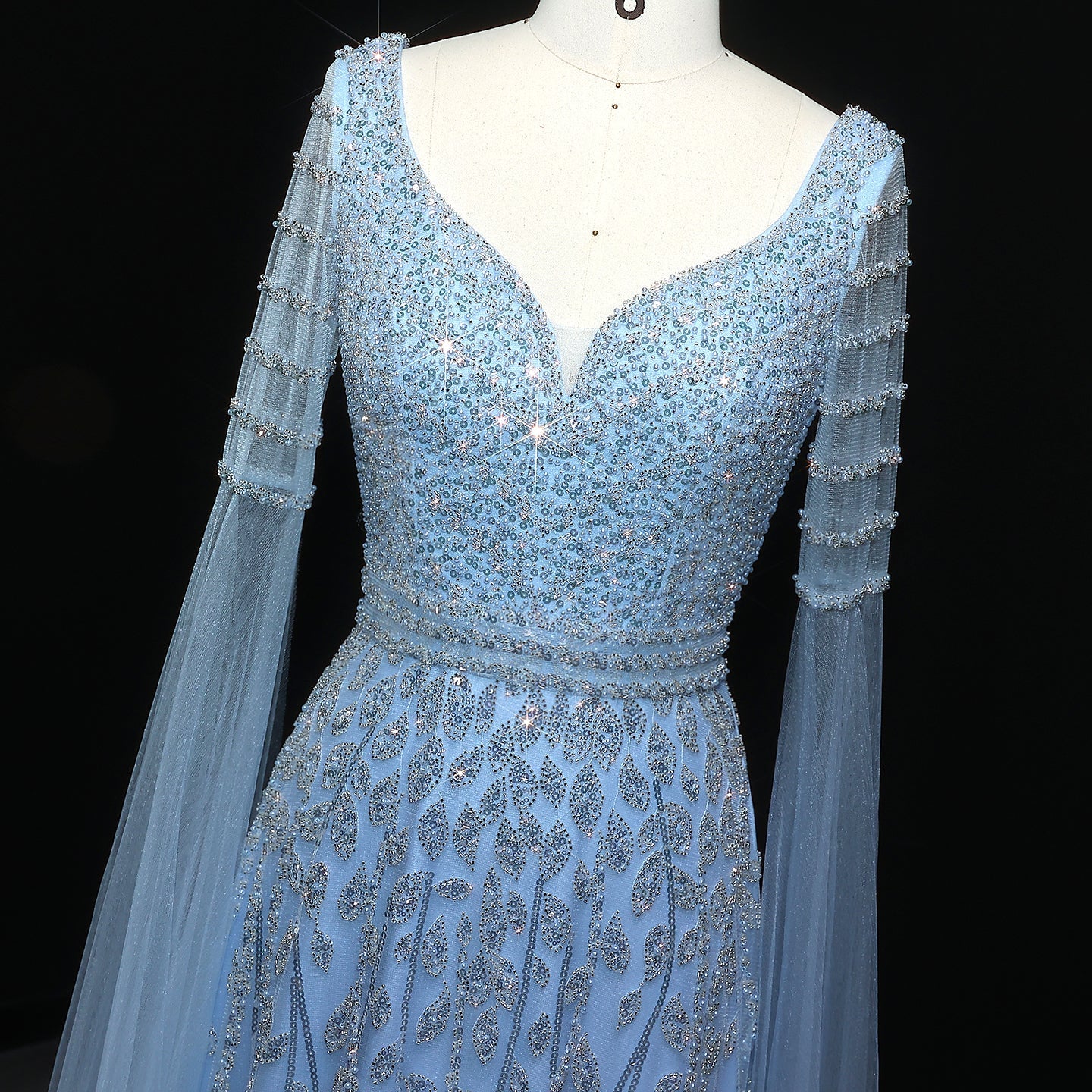 Luxury Pink Beaded Evening Dress with Cape Sleeves SS034