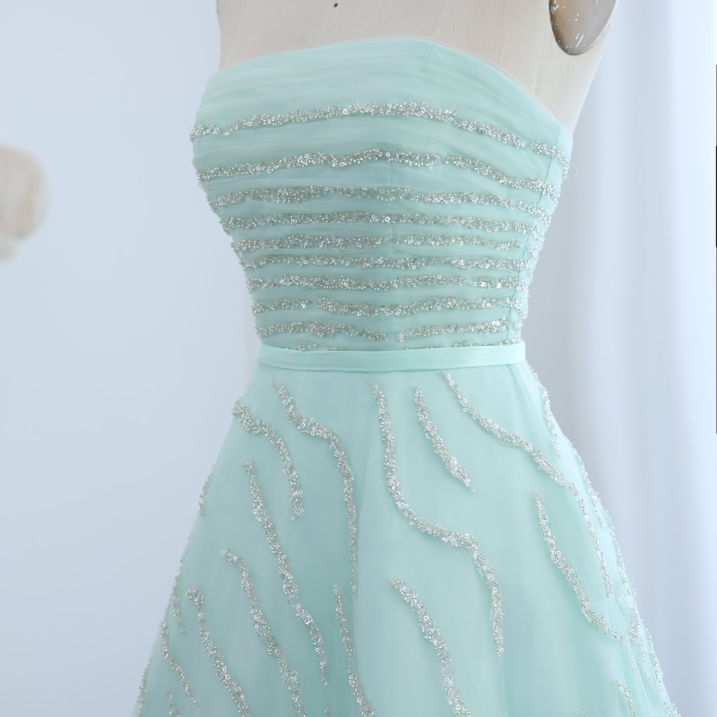 Luxury Beaded Strapless Sage Green Evening Dress SS483