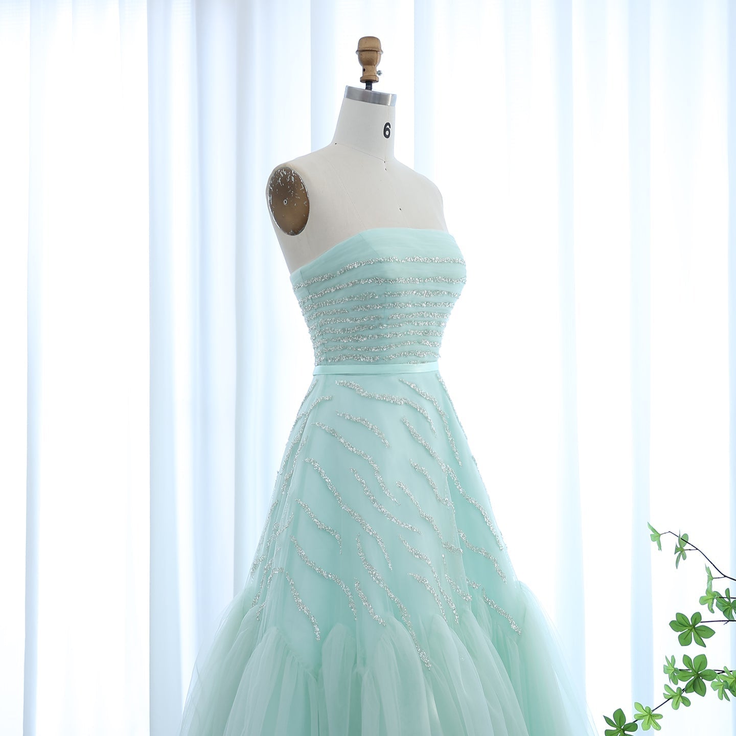 Luxury Beaded Strapless Sage Green Evening Dress SS483