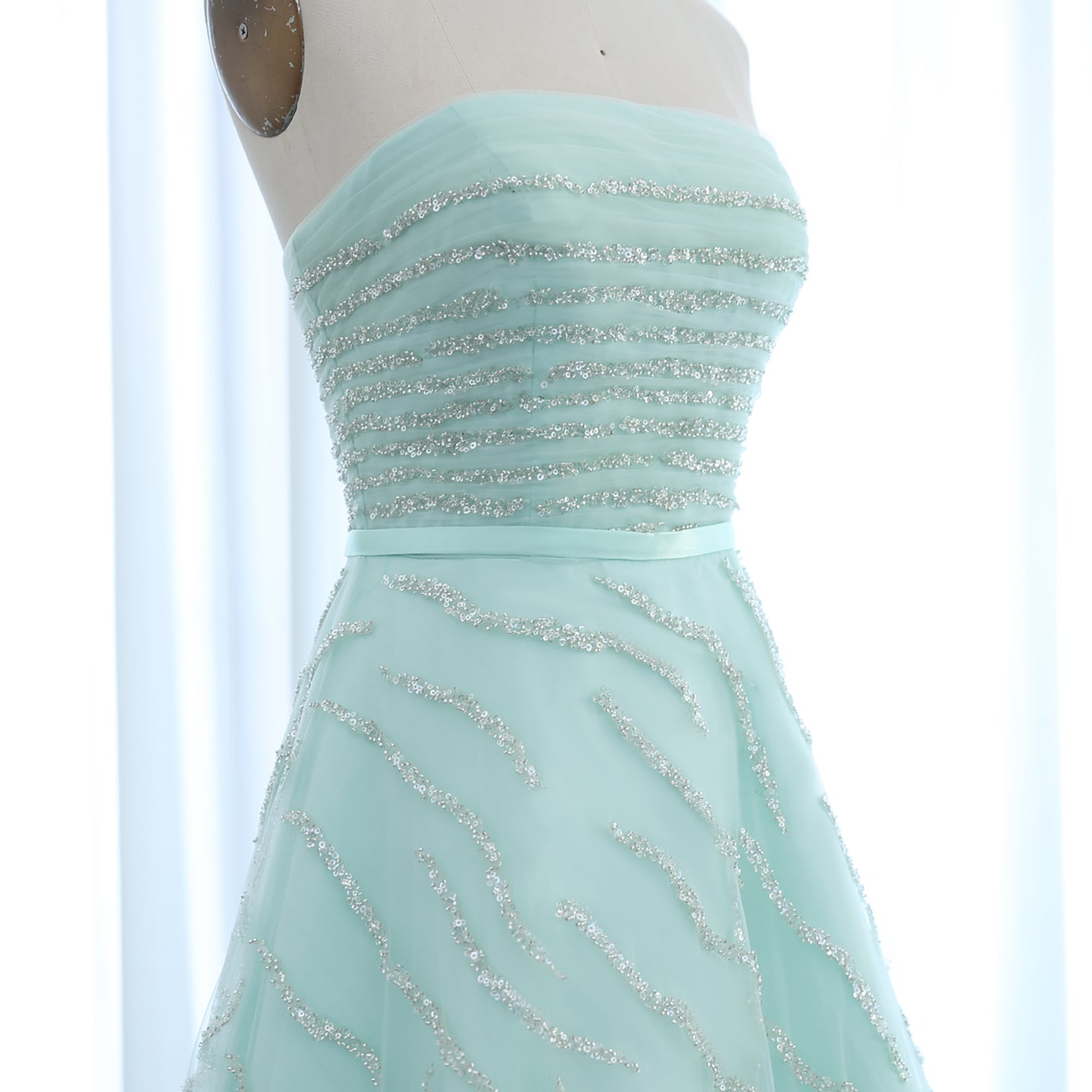Luxury Beaded Strapless Sage Green Evening Dress SS483