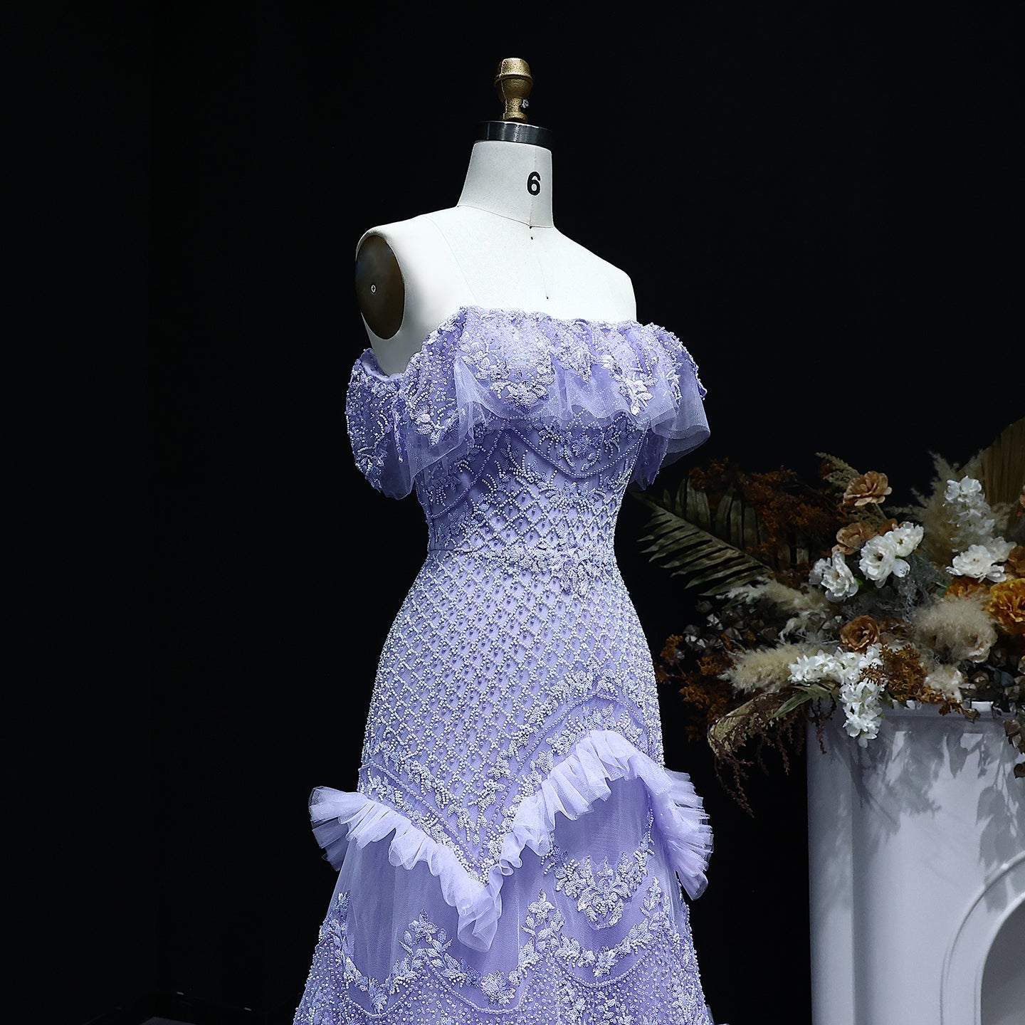 Luxury Silver Gray Off Shoulder Evening Dress SS485