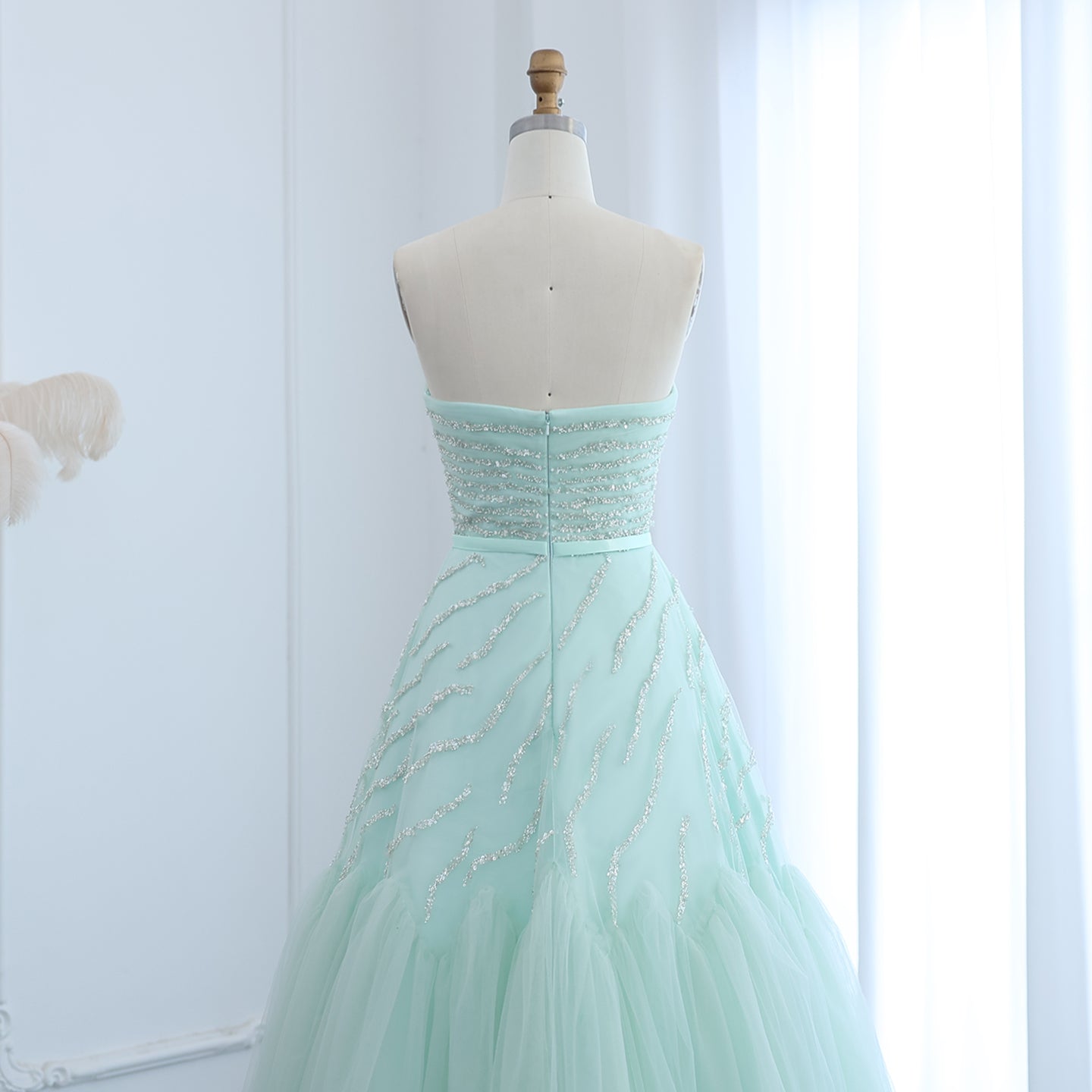 Luxury Beaded Strapless Sage Green Evening Dress SS483