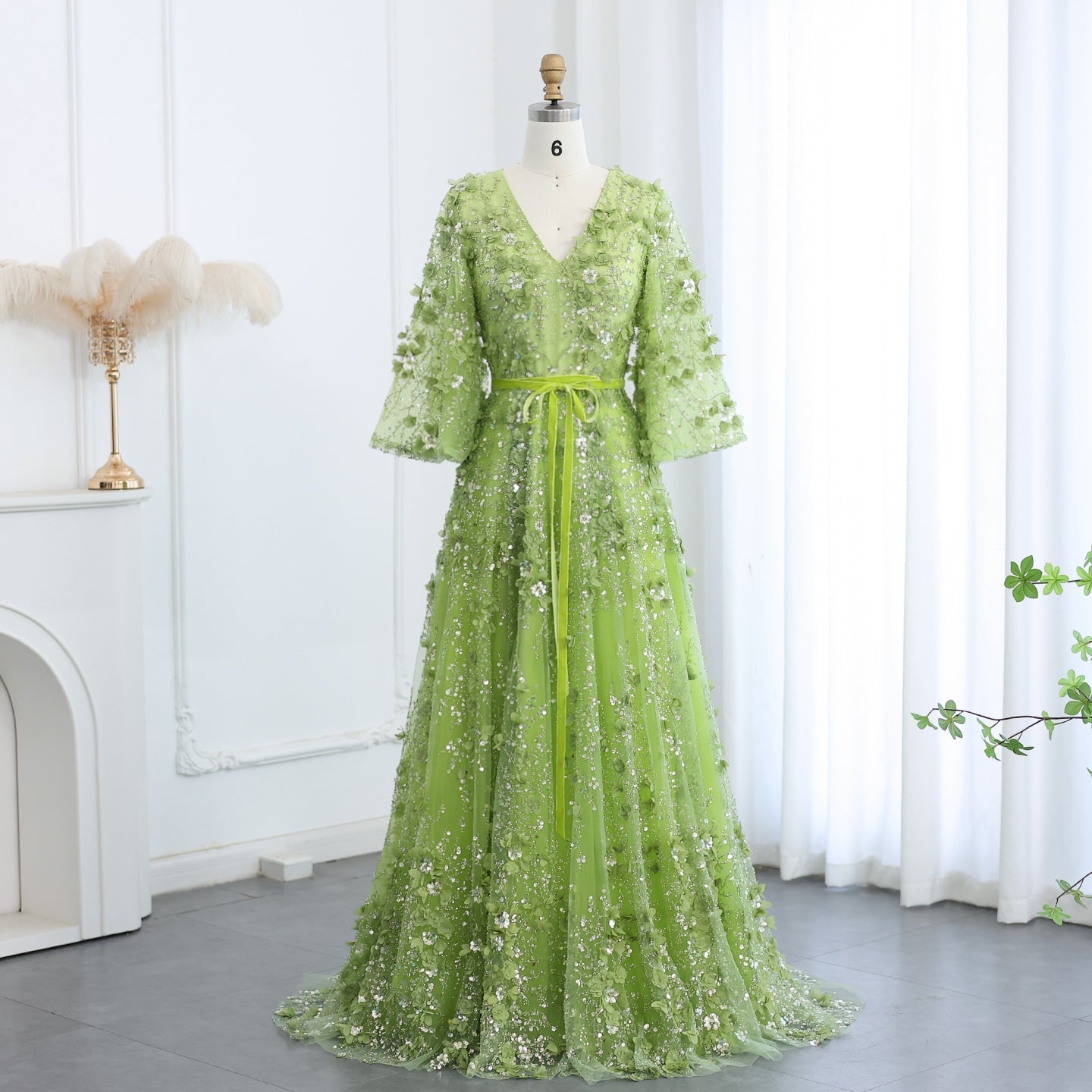 Sexy V-neck Green 3D Embroidered Flowers Evening Dress SS354  Green / US 20