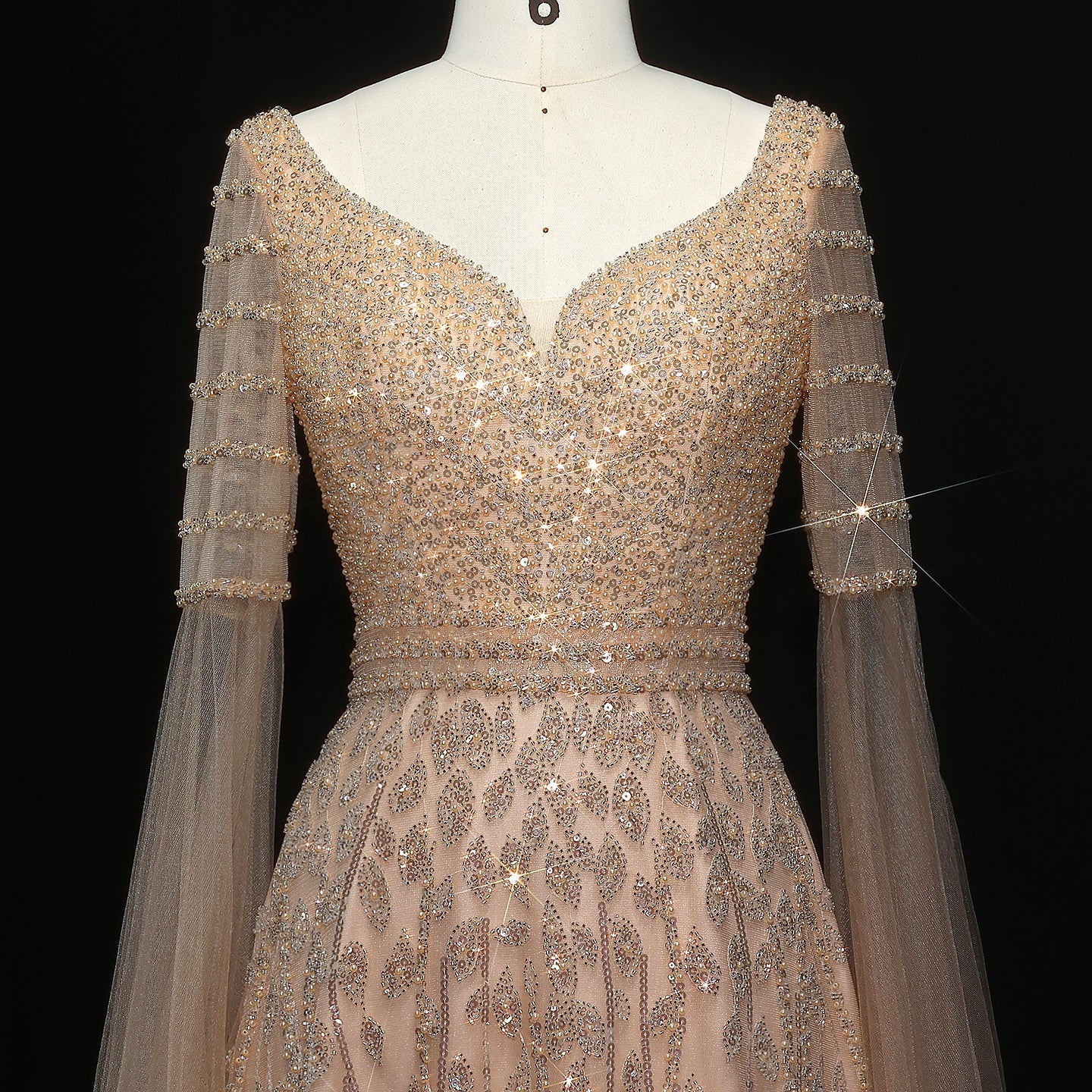 Luxury Pink Beaded Evening Dress with Cape Sleeves SS034