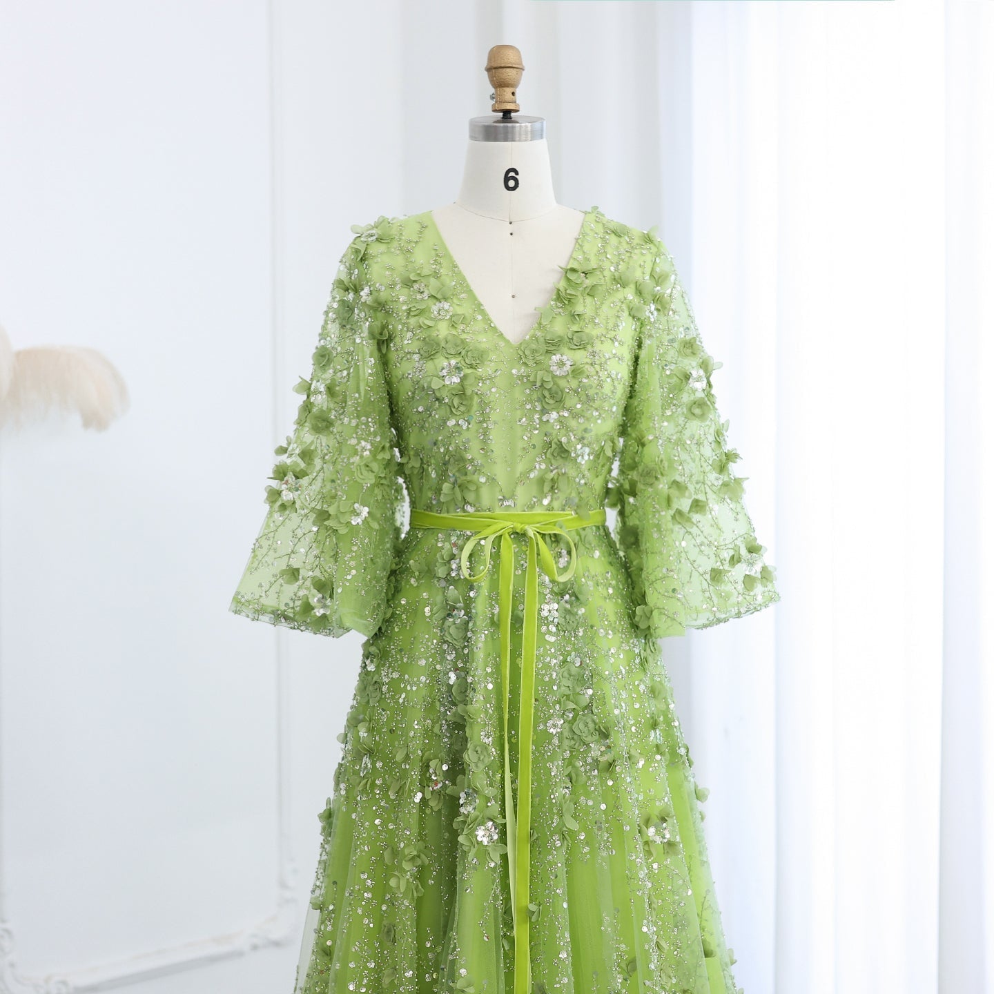 Sexy V-neck Green 3D Embroidered Flowers Evening Dress SS354