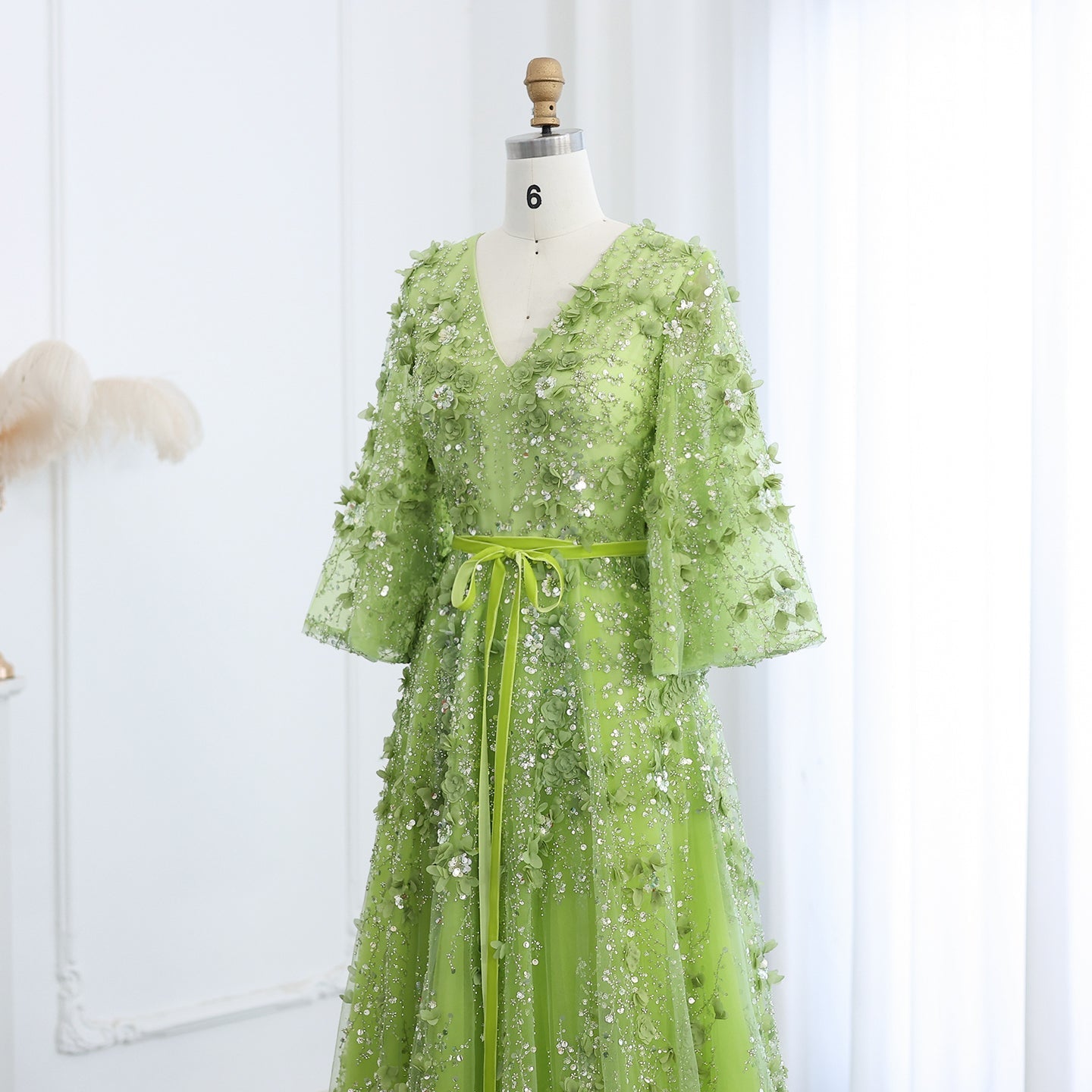 Sexy V-neck Green 3D Embroidered Flowers Evening Dress SS354