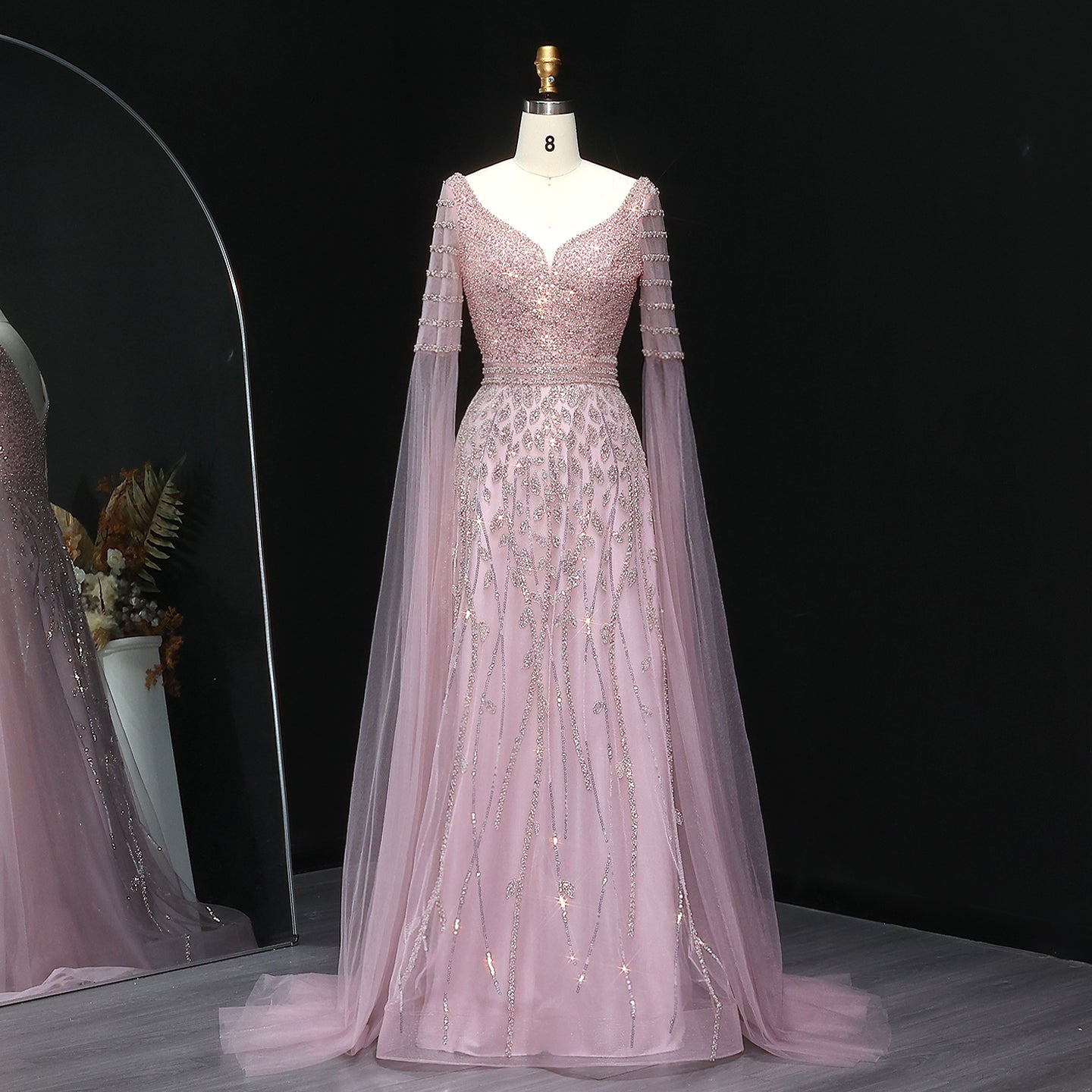 Luxury Pink Beaded Evening Dress with Cape Sleeves SS034  Pink / US 18