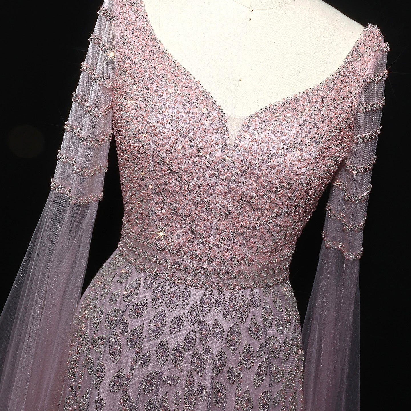 Luxury Pink Beaded Evening Dress with Cape Sleeves SS034