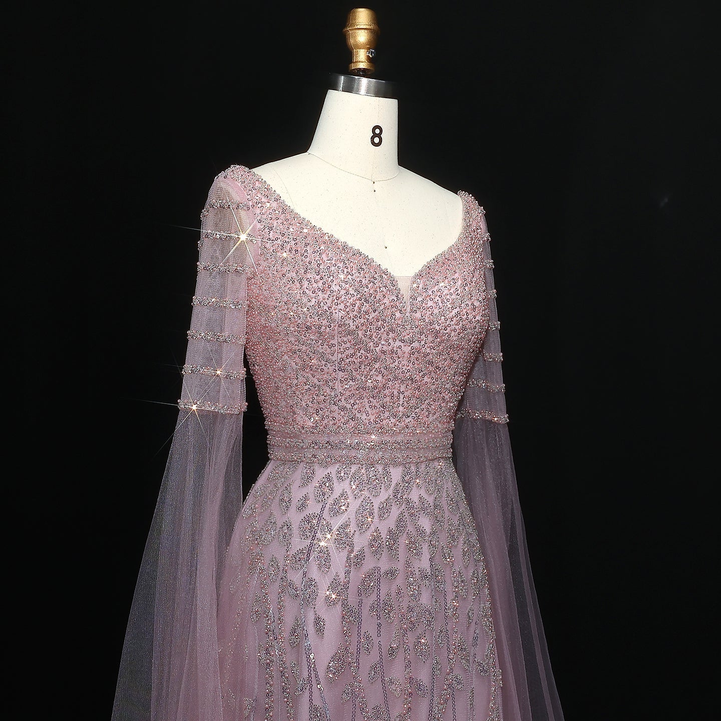 Luxury Pink Beaded Evening Dress with Cape Sleeves SS034