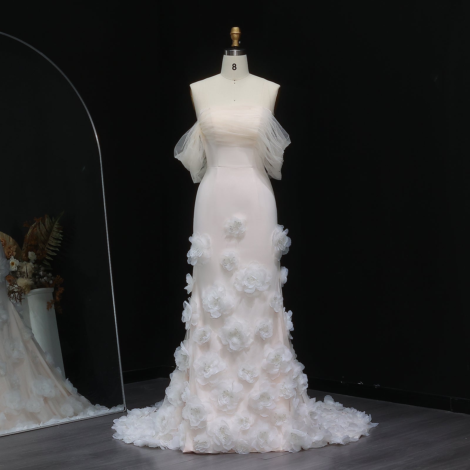 Elegant Pink 3D Flowers Off Shoulder Evening dress SF383