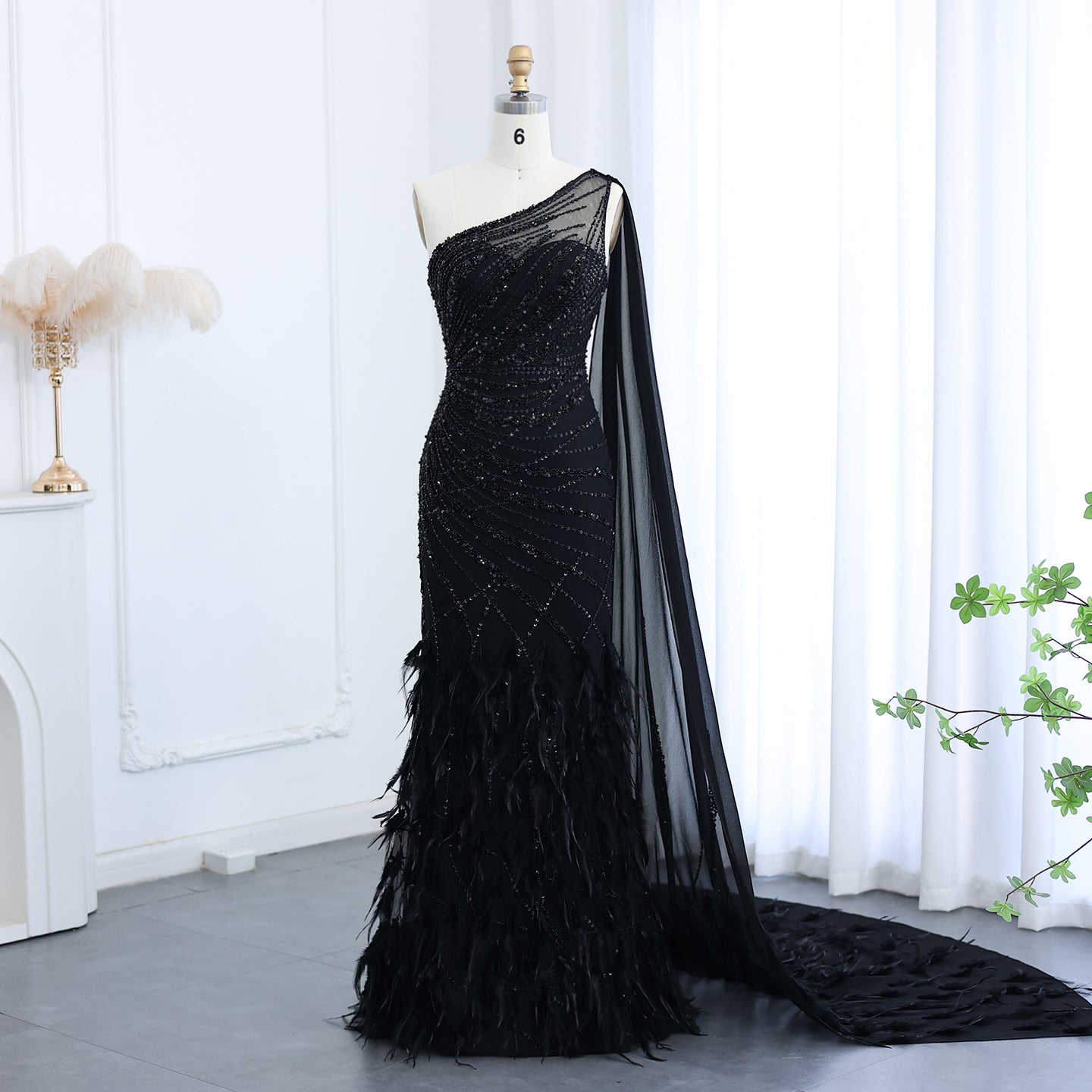 Luxury Feather Turquoise One Shoulder Evening Dress SS498  Black / US 20
