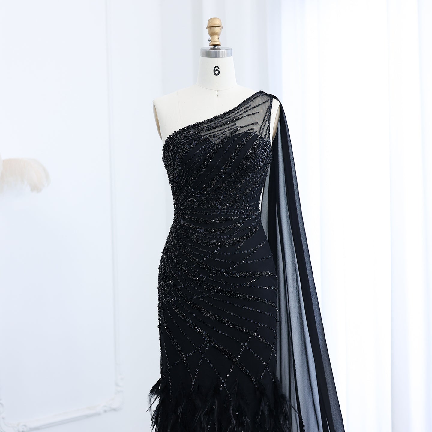 Luxury Feather Turquoise One Shoulder Evening Dress SS498