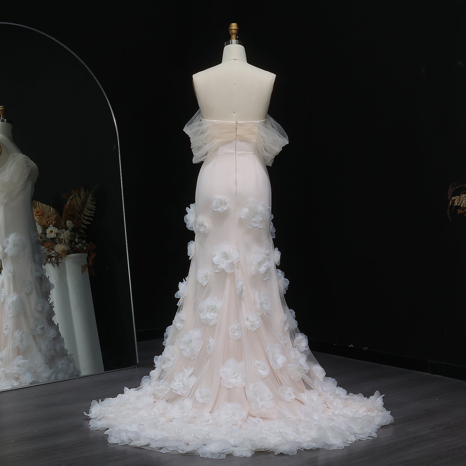 Elegant Pink 3D Flowers Off Shoulder Evening dress SF383