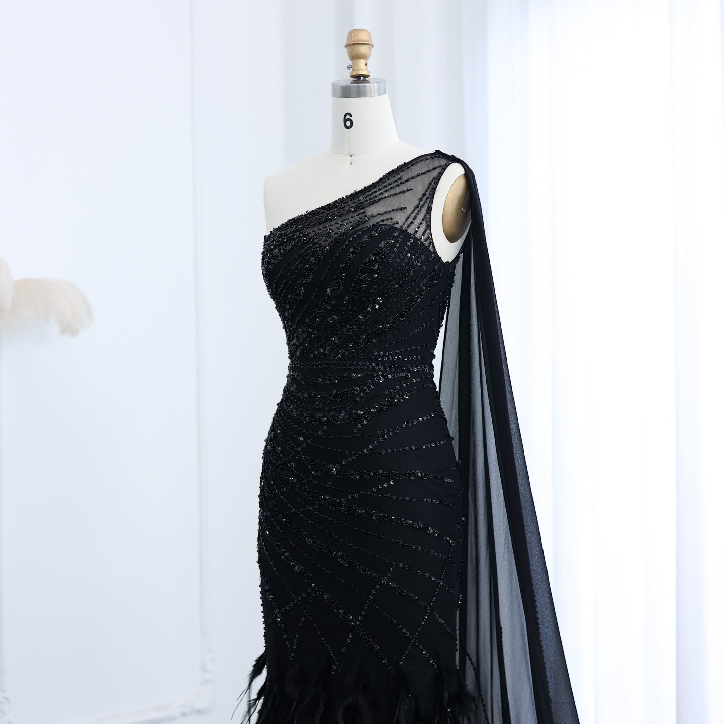 Luxury Feather Turquoise One Shoulder Evening Dress SS498